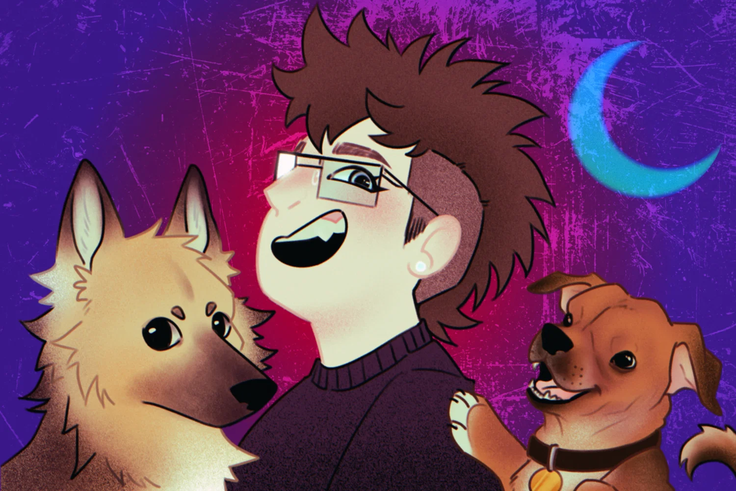 Digital illustrative portrait of Shannon Badenoch and her two dogs. A purple and red gradient background with a blue moon is in the background.