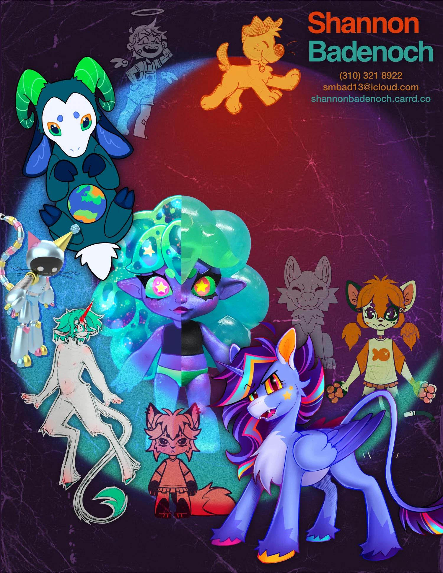 Promo sheet / Portfolio cover showing a compilation of various illustrations and toy concepts.