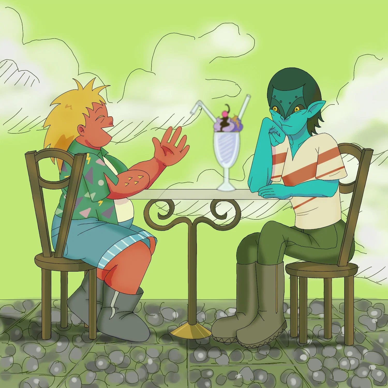Lian and his partner Manny are on a cafe date under an alien green sky; Lian is talkative and active while Manny seemingly is uninterested in what Lian is saying