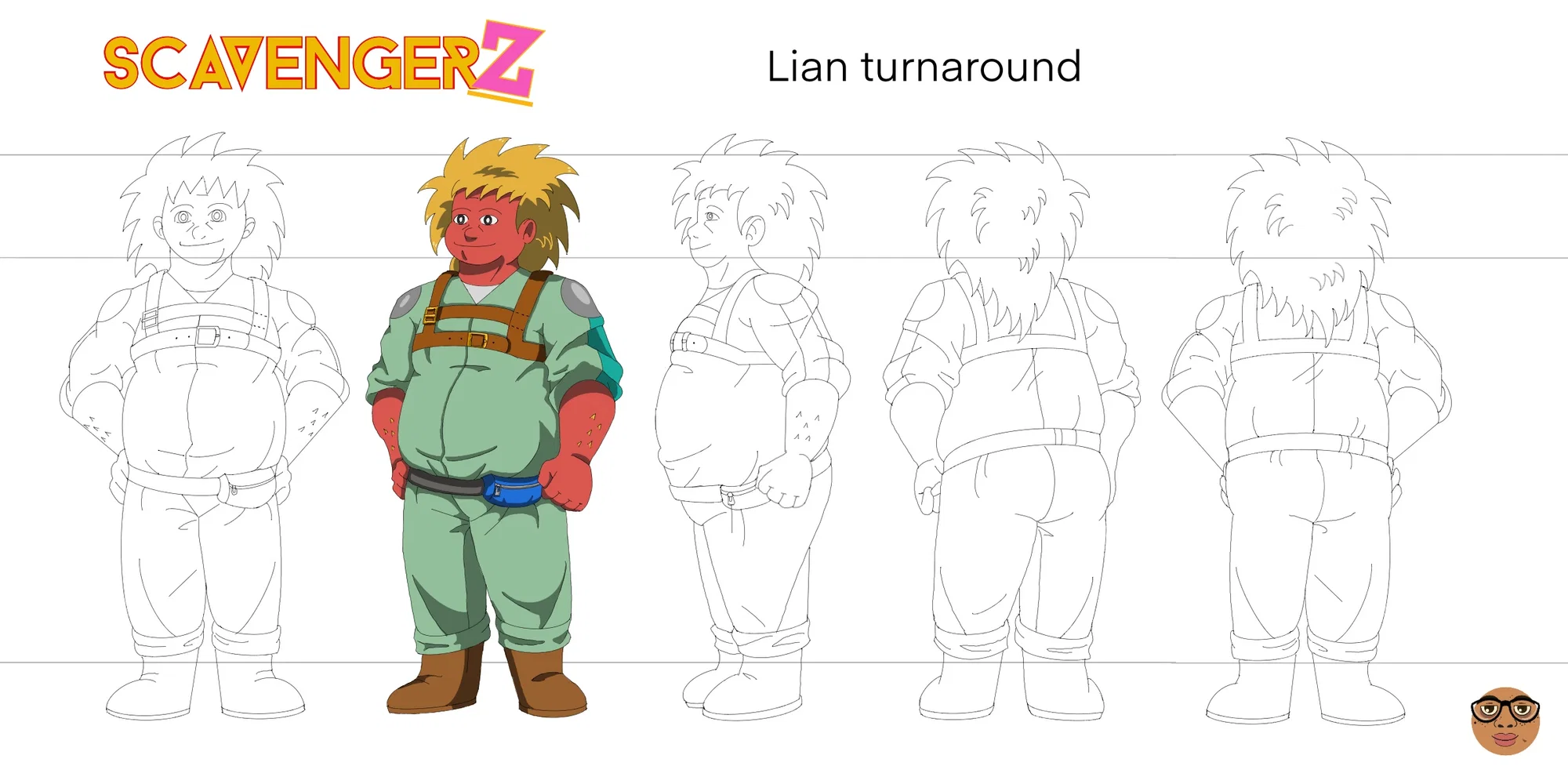 Five point turnaround of a humanoid character named Lian; he’s overweight, wearing coveralls and has medium length, spiky hair