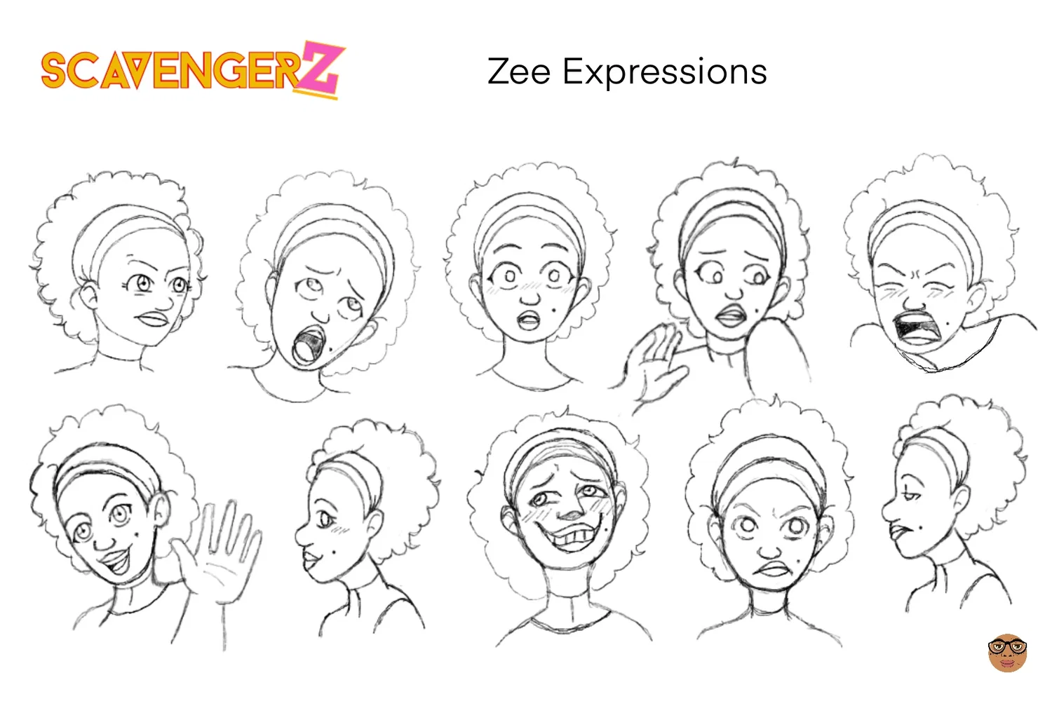 Ten expressions of the character Zee, ranging from happy, angry, shock, frustration and embarrassed 