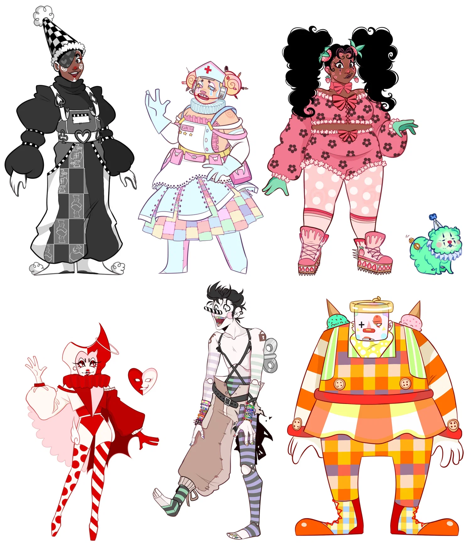 Drawings of multiple clowns lined up. They are all different sizes, colors, and types of clown.