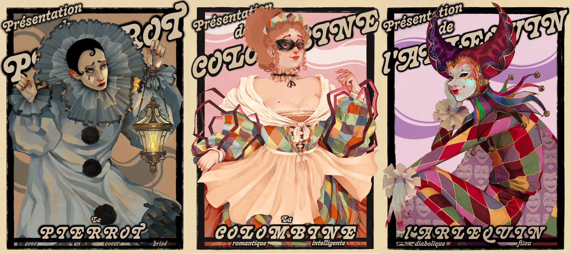 An illustration of three commedia dell'arte characters, a Pierrot, a Colombina, and a Harlequin. They are drawn in the style of a 1930s European theatrical poster, with text showing their names. 