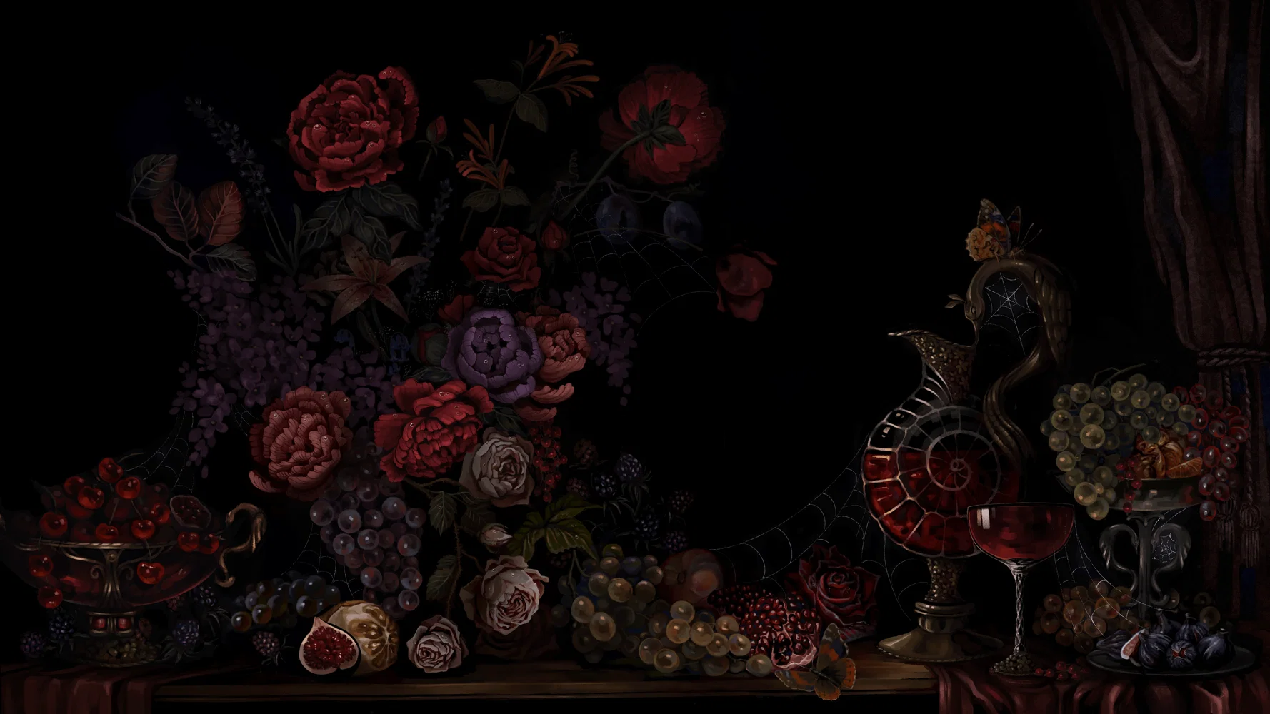 A lanscape drawing of a dark table covered in fruits and flowers. It is reminiscent of Dutch master still-lifes, with a dark fantasy ambiance.