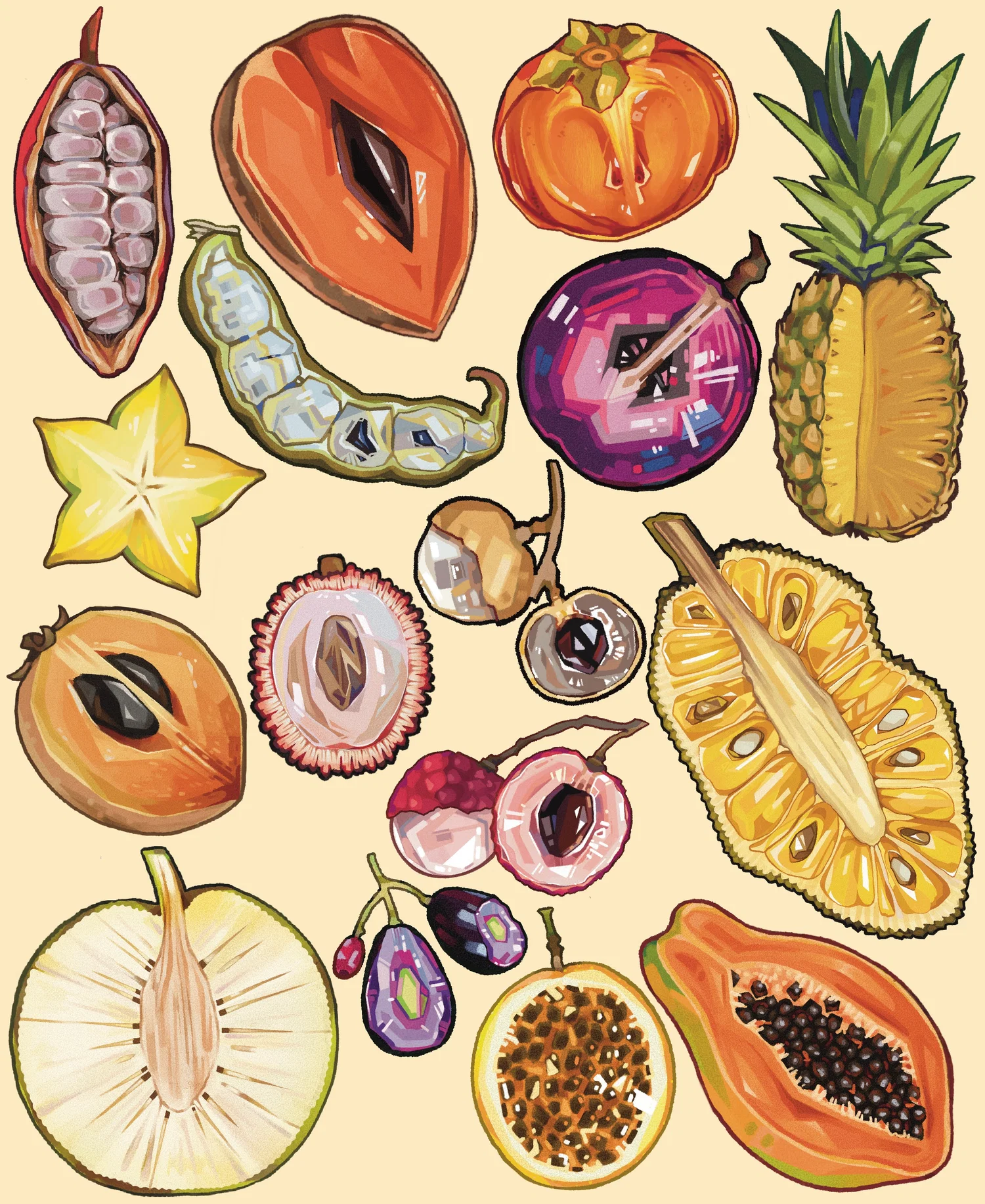Illustrations of various fruit found in Hawai'i. They are drawn in a style with graphic bright coloring and are all collaged together. 