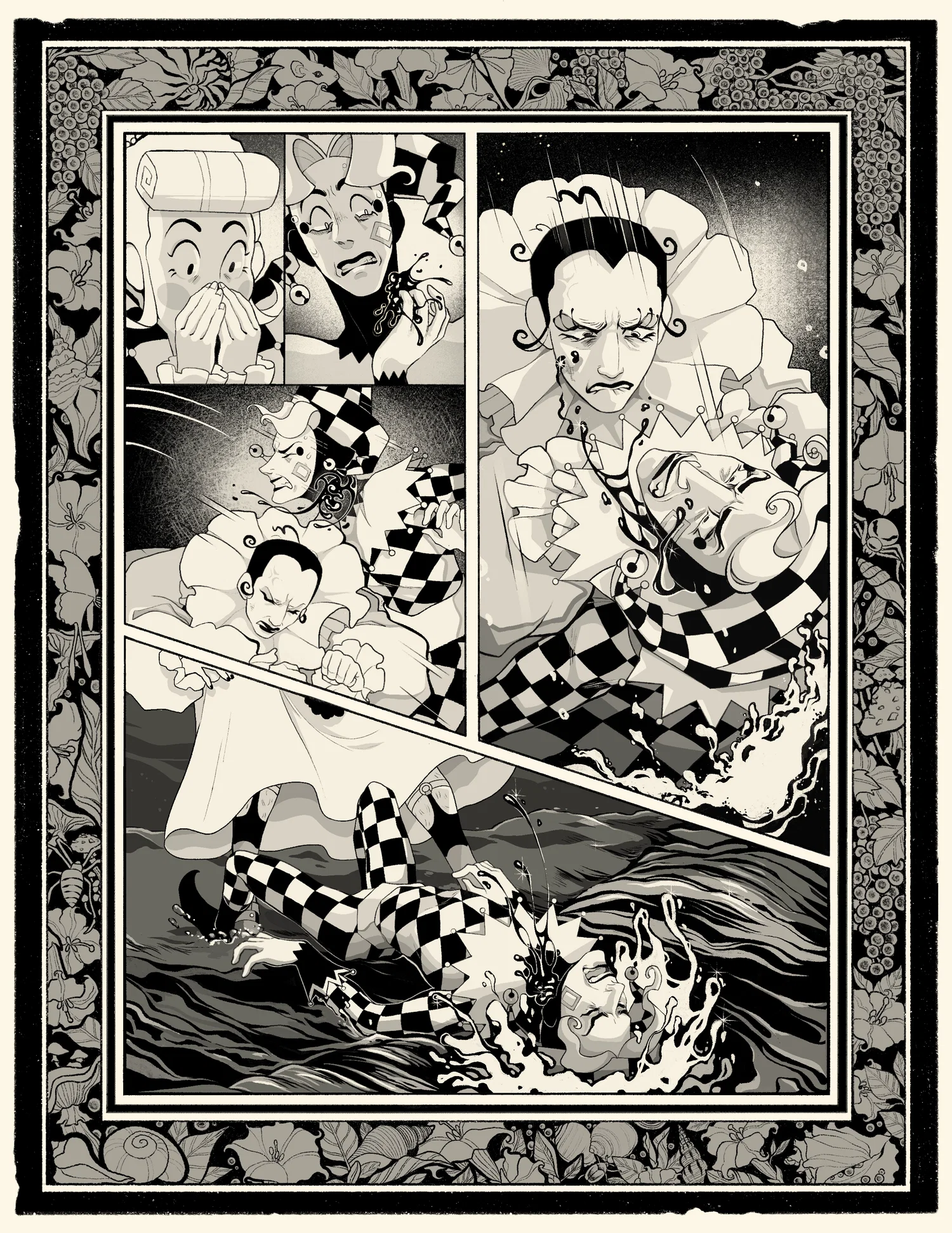 Pages of a black and white comic about circus performers. They show action between the characters, fighting and kissing.