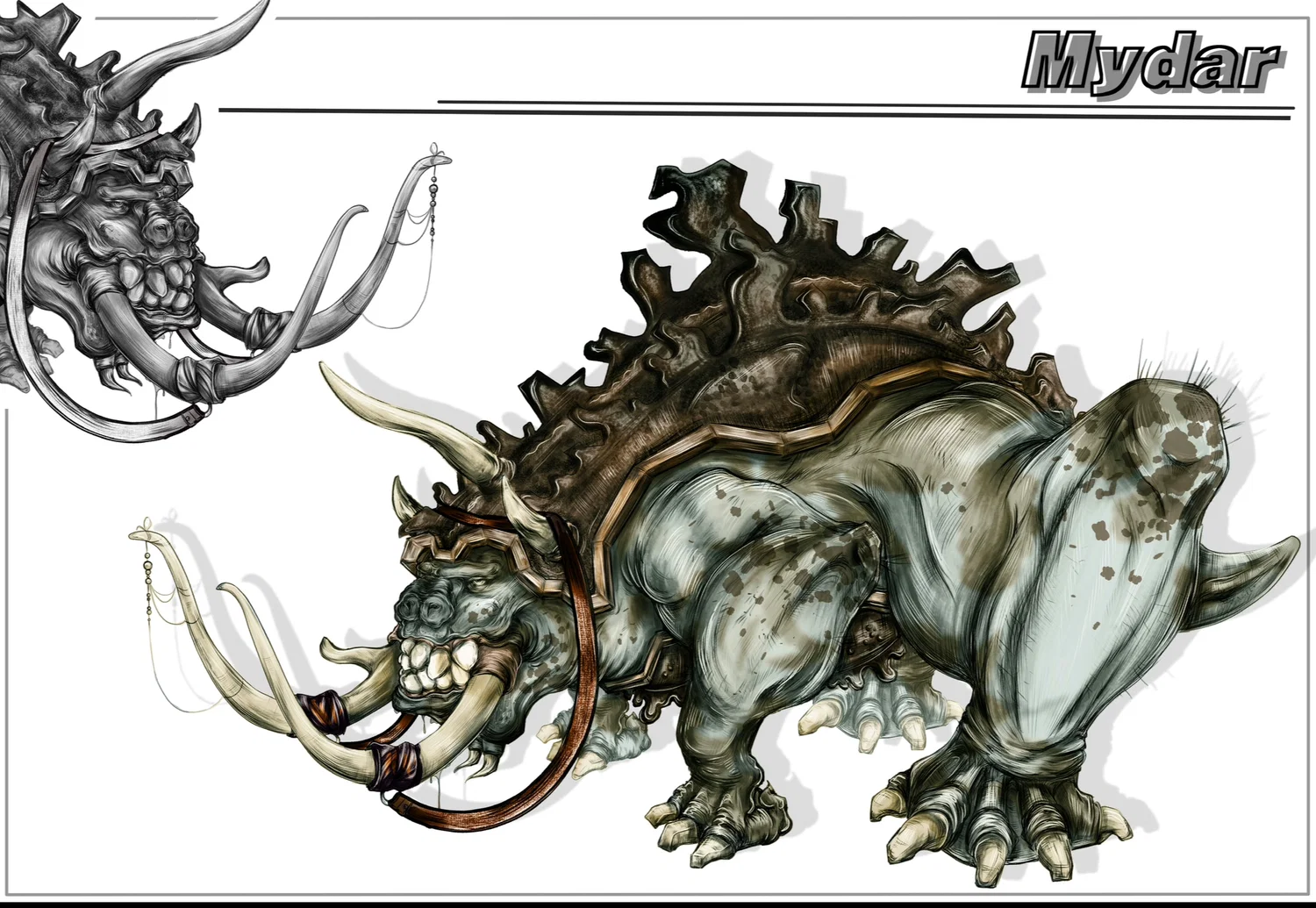 This Mydar is male. They are omnivores, are selectively bred/beasts of burden, and naturally live in the desert.