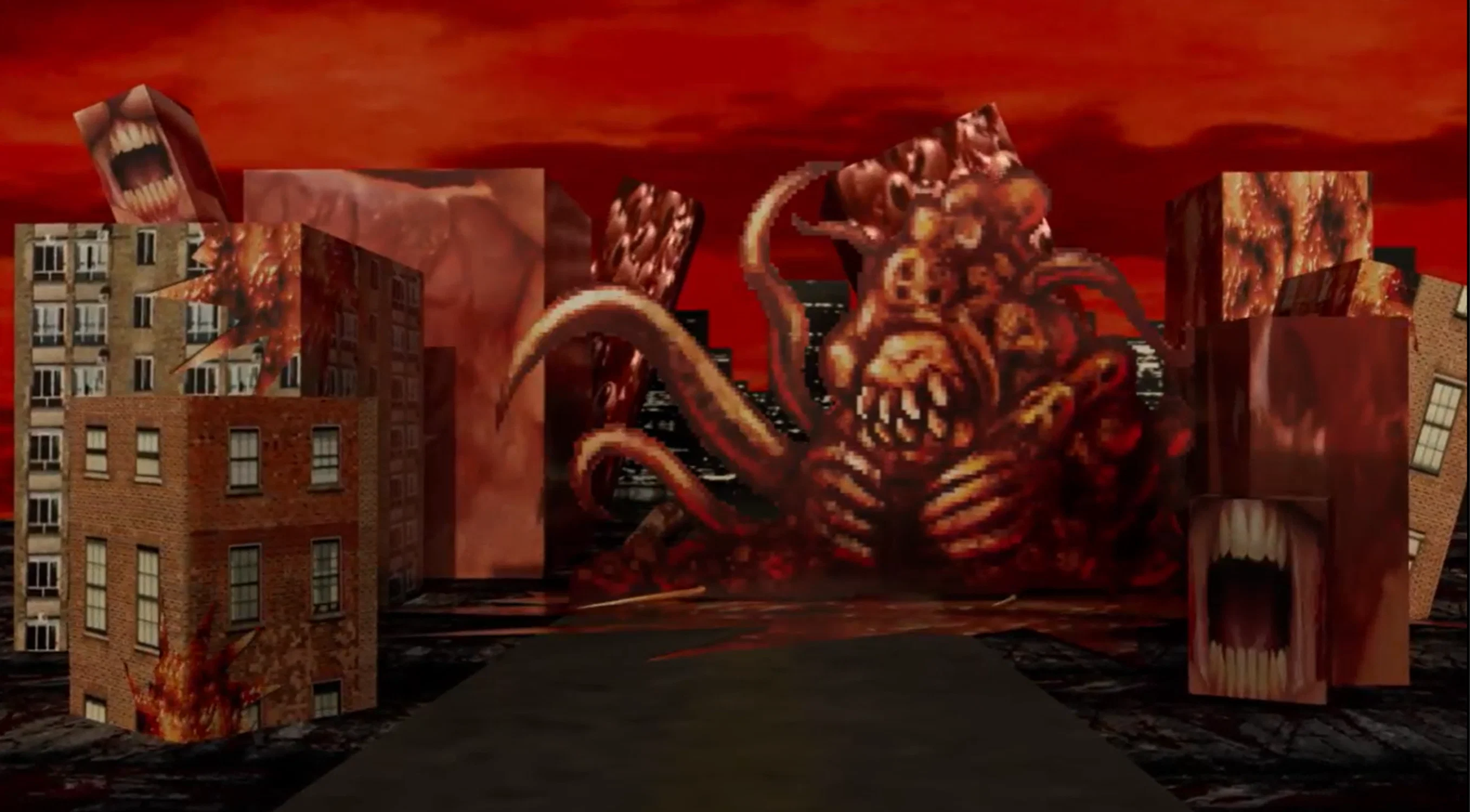 Image of a tentacled creature with a large mouth, surrounded by buildings with various depictions of flesh eating buildings and chomping teeth