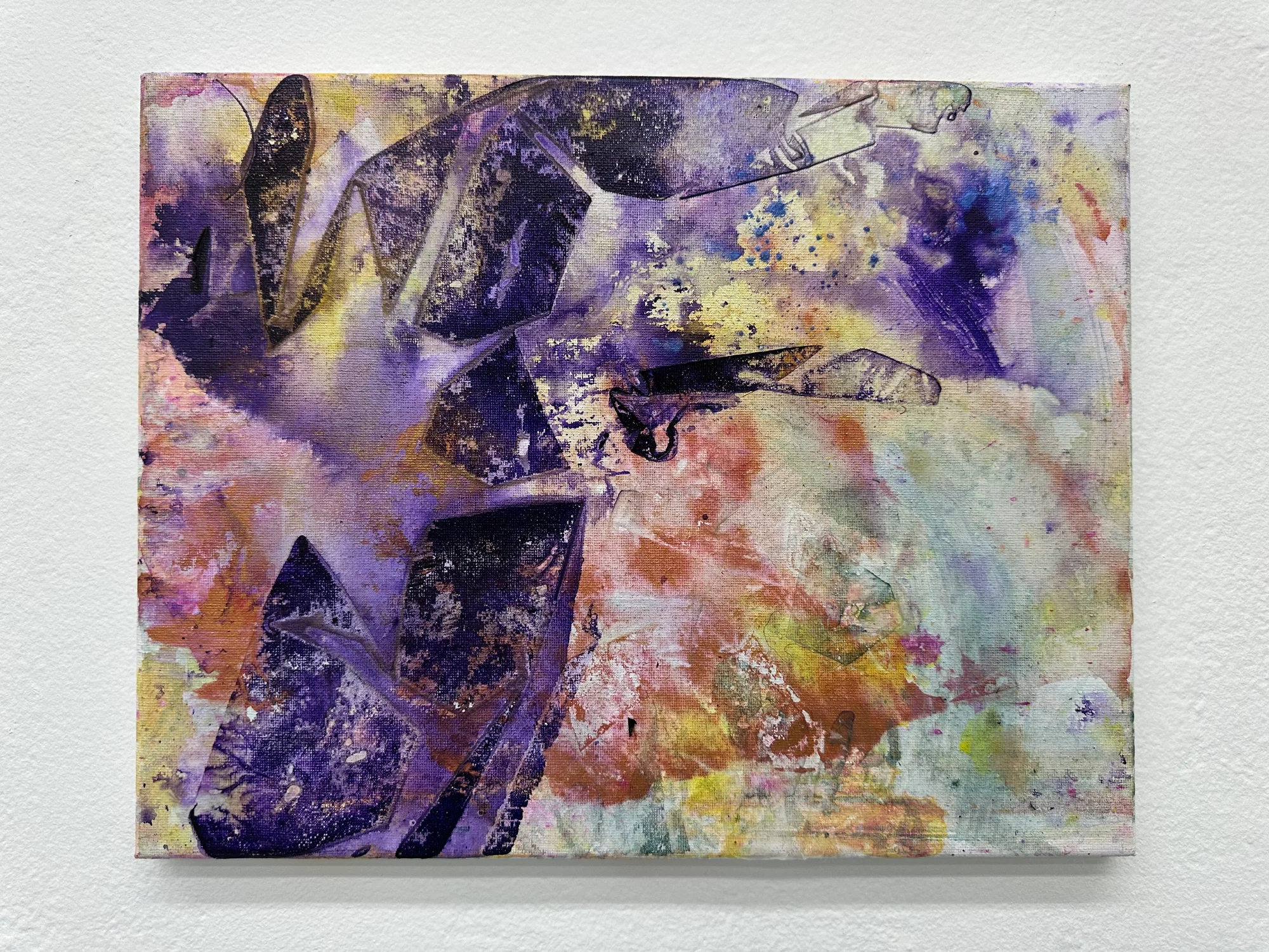 An abstract painting, yellow in the background, purple abstract shapes in the foreground