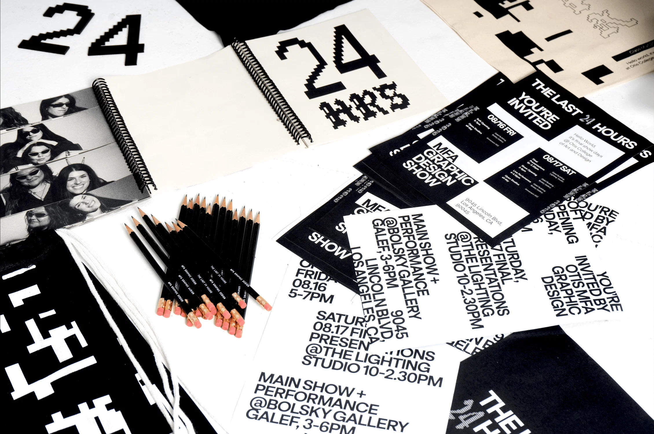 Promotional materials for "The Last 24 Hours" MFA Graphic Design Show, featuring invites, bags, branded pencils, booklets, and photo booth images.
