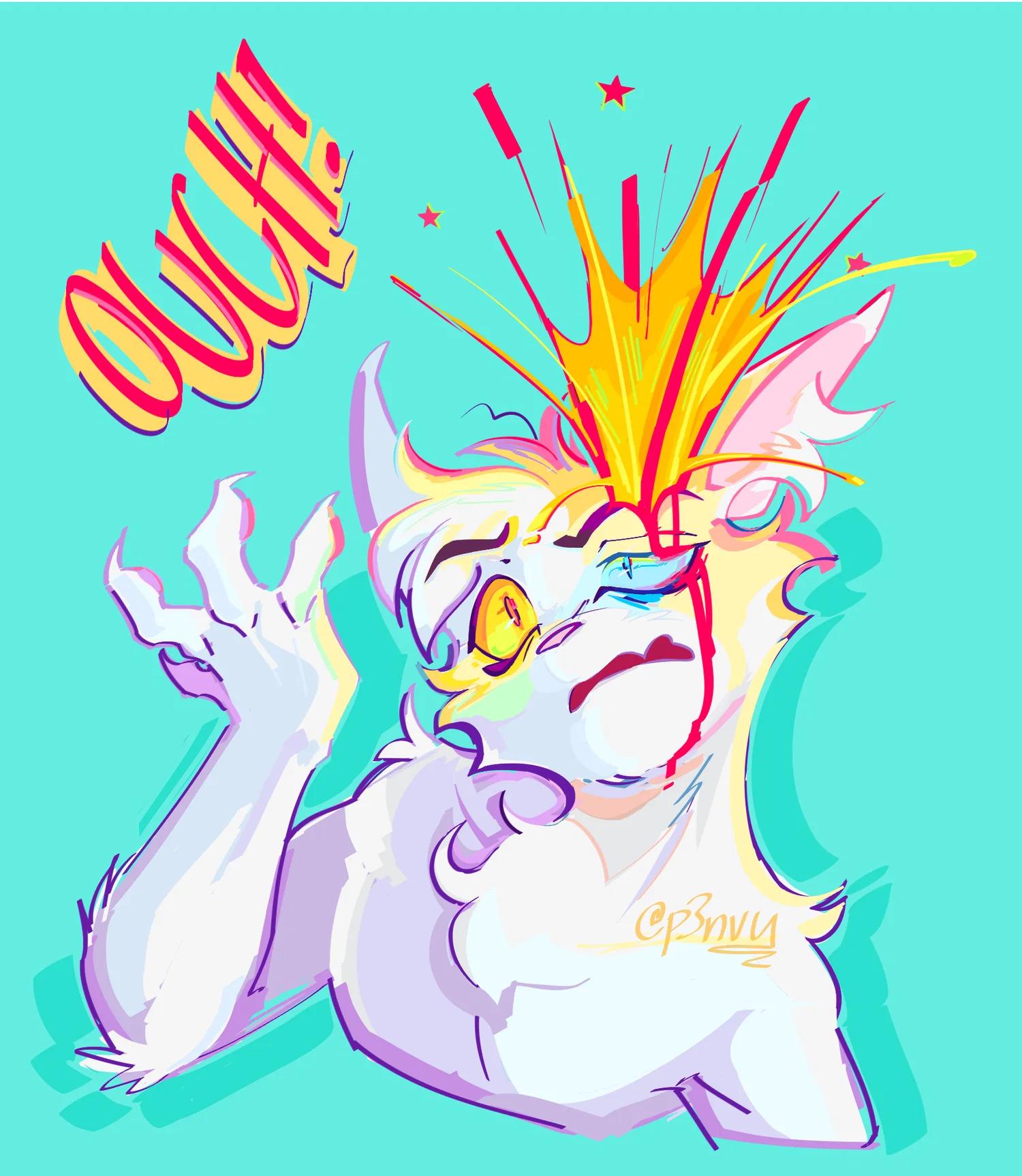 An anthropomorphic cat with its head exploding, with text that reads 'OUCH!'