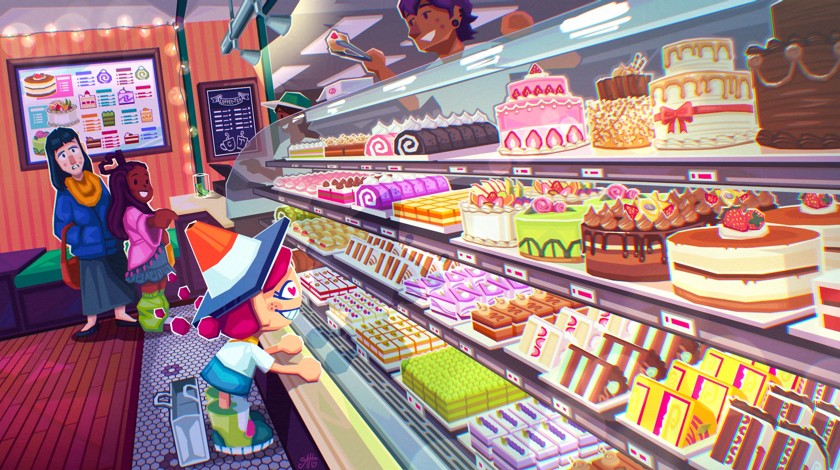 Three girls looking at a display case of cakes in a bakery