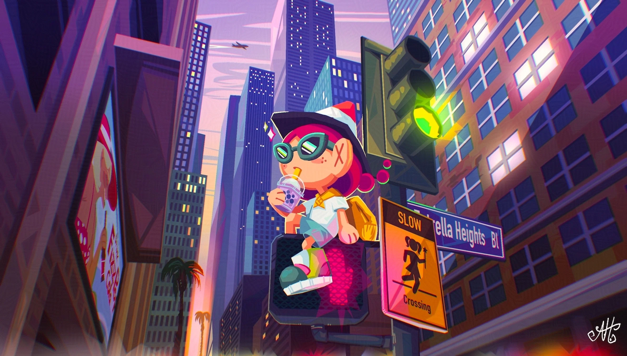 A girl sitting on a traffic light in the middle of a busy city