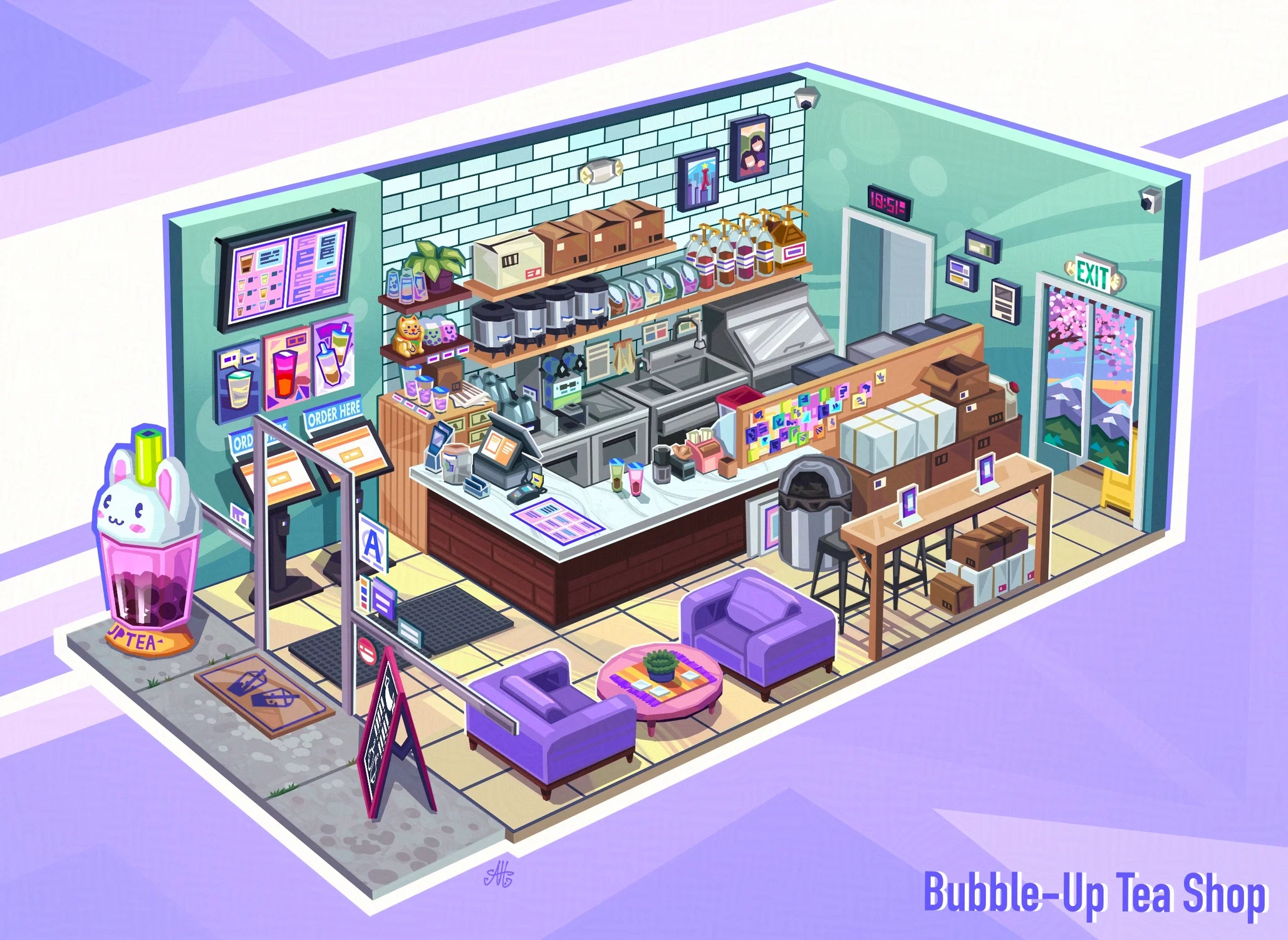 A shoebox layout of a boba tea shop