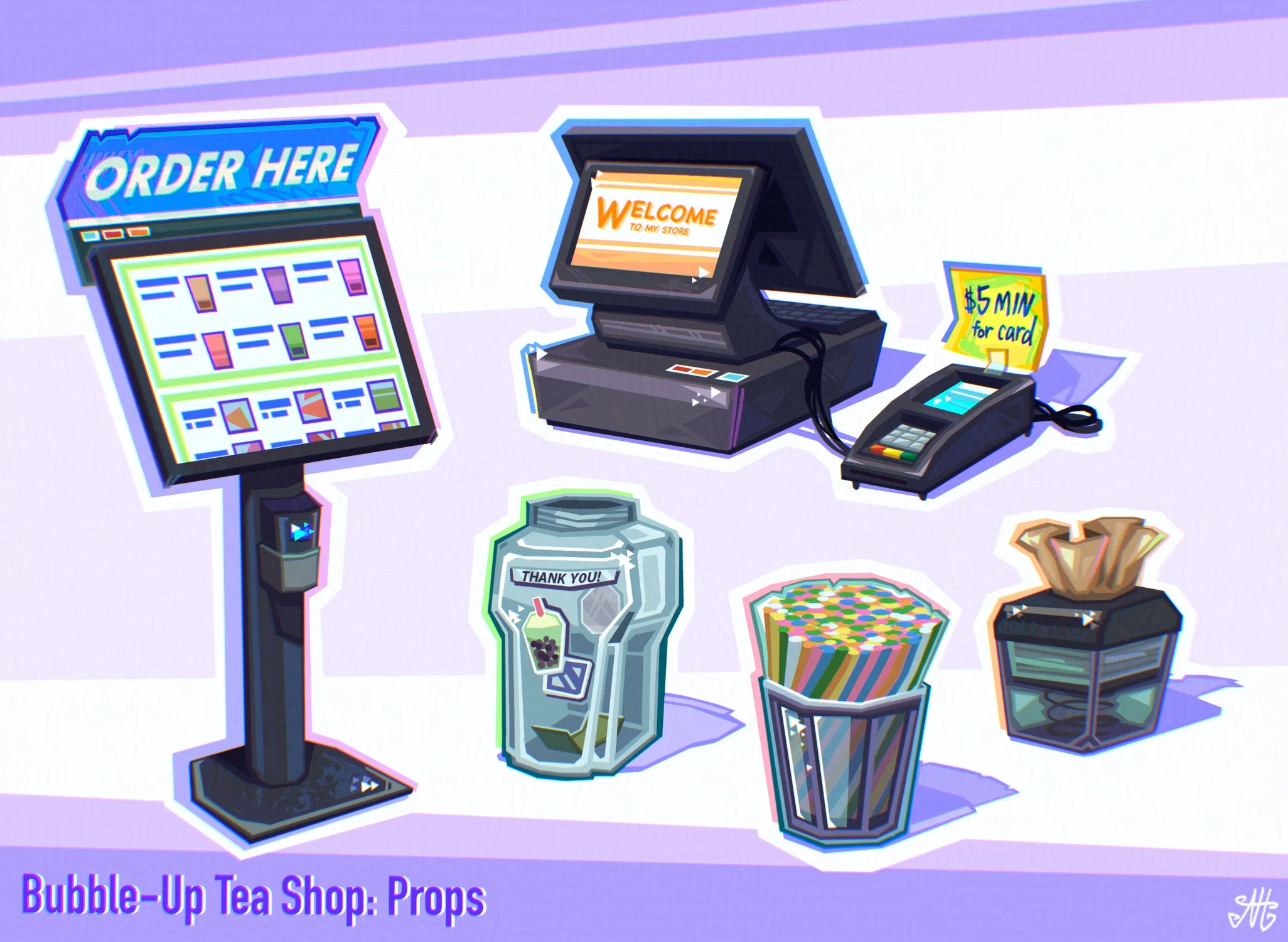 Prop sheet of items in a boba shop