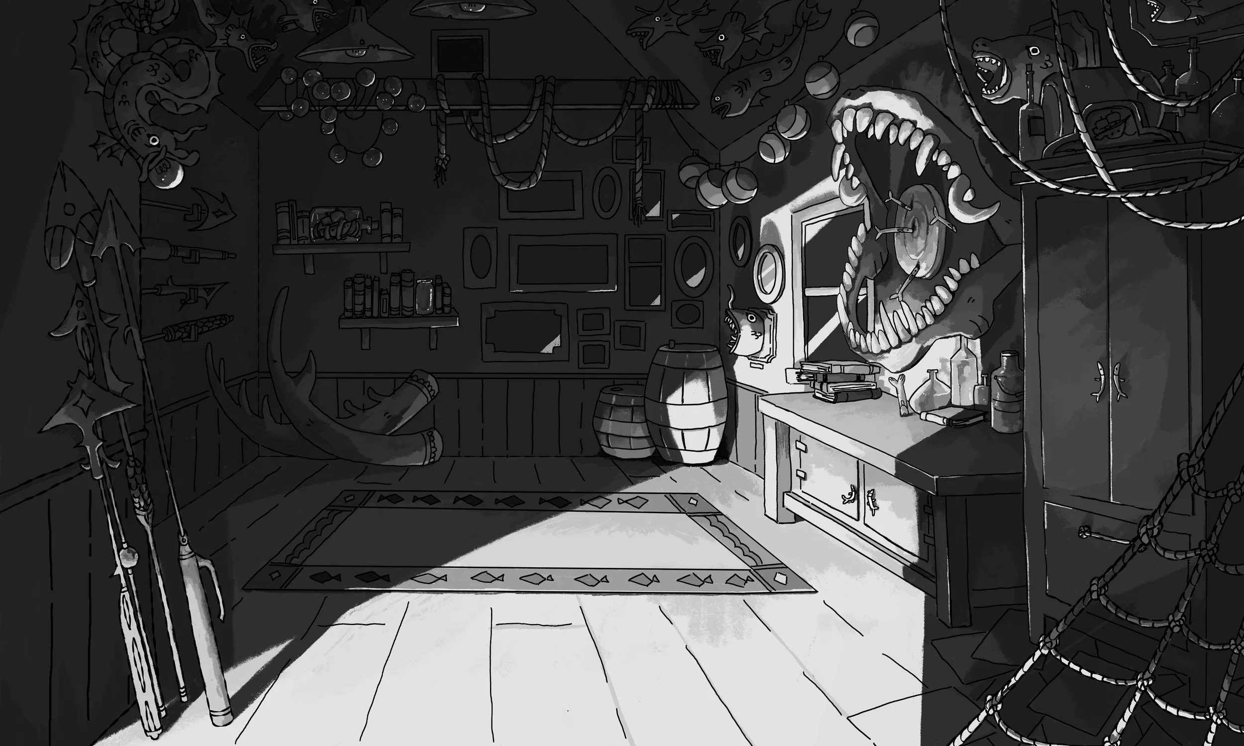 A grayscale illustration of a sea monster hunter's attic. Light from an offscreen door is lighting up a portion of the dark room highlighting a large shark jaw hanging on the wall.