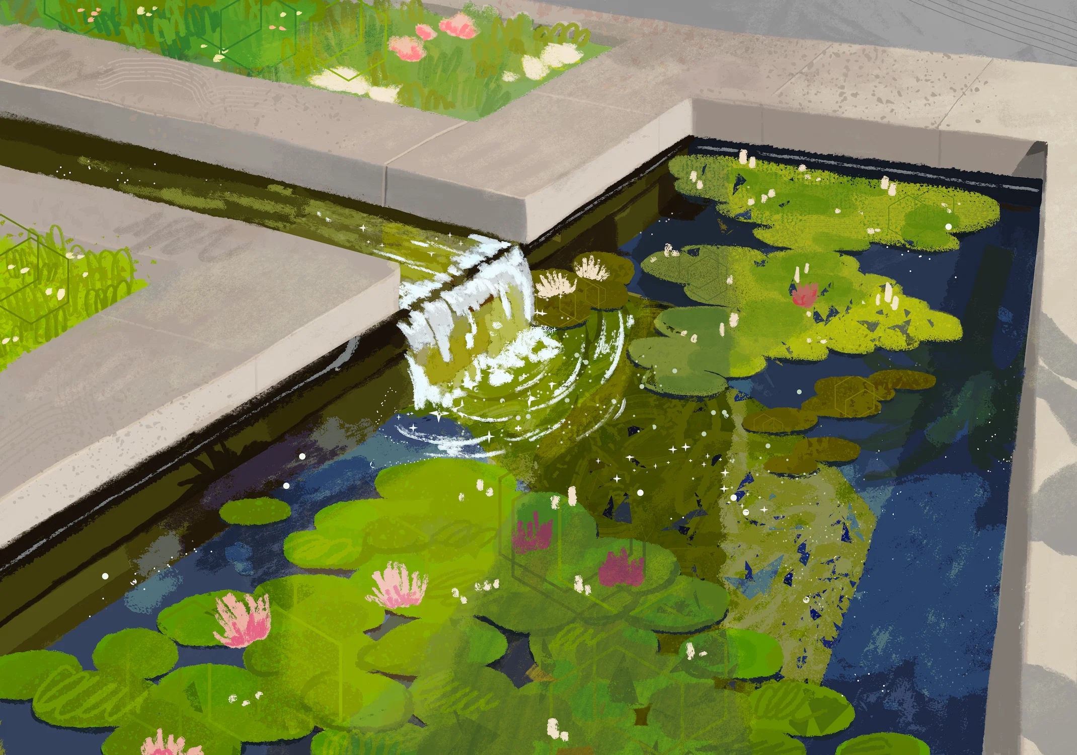 A colorful plein air illustration of a fountain filled with lotus and lilipads drawn at the Huntington Library