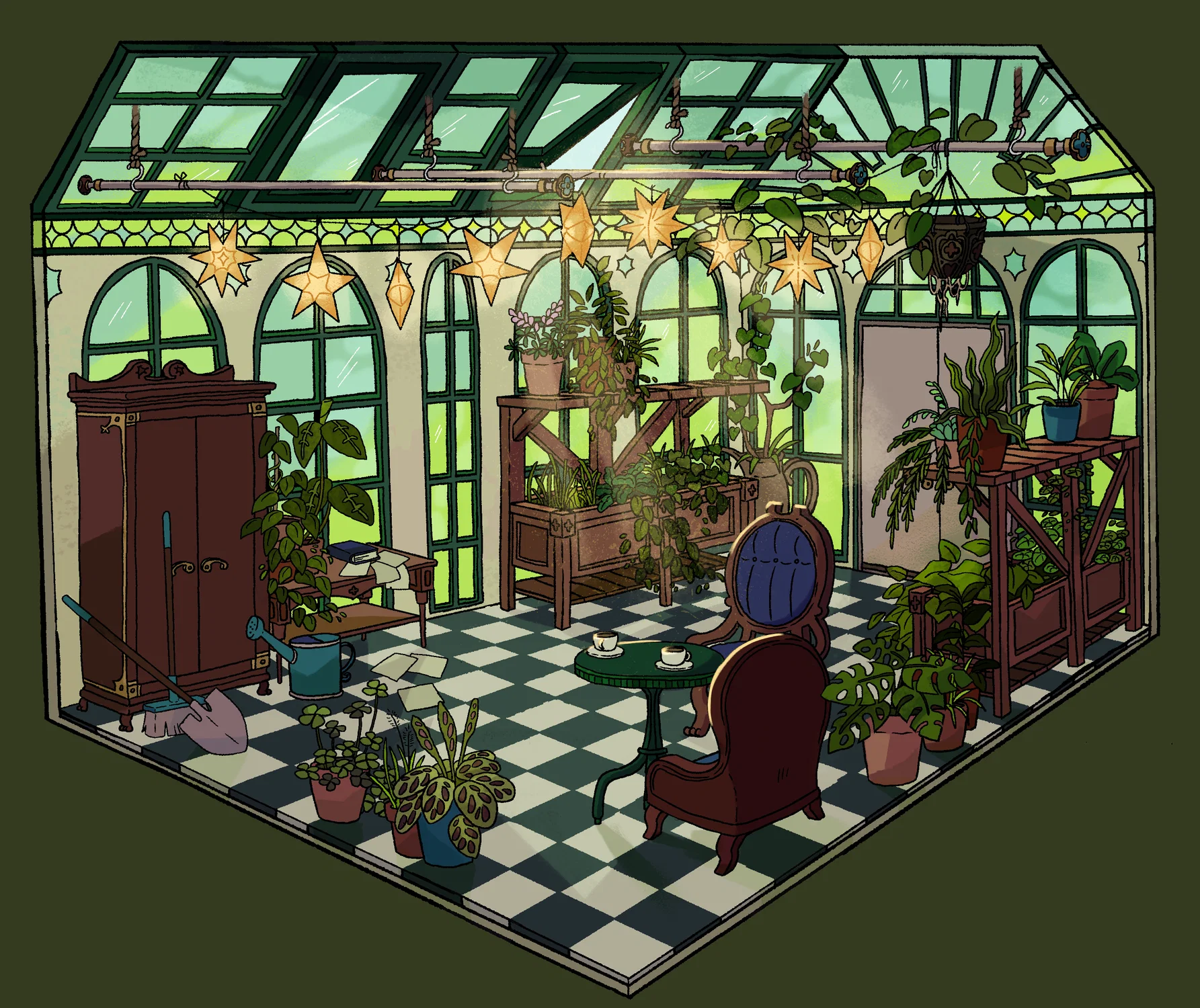 A shoebox cutaway of the interior of a greenhouse/sunroom.