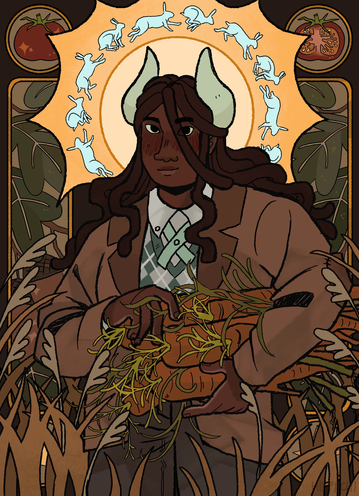 An illustration remeniscent of the work of Alphonse Mucha featuring a character from my Senior Project, Cottonwood