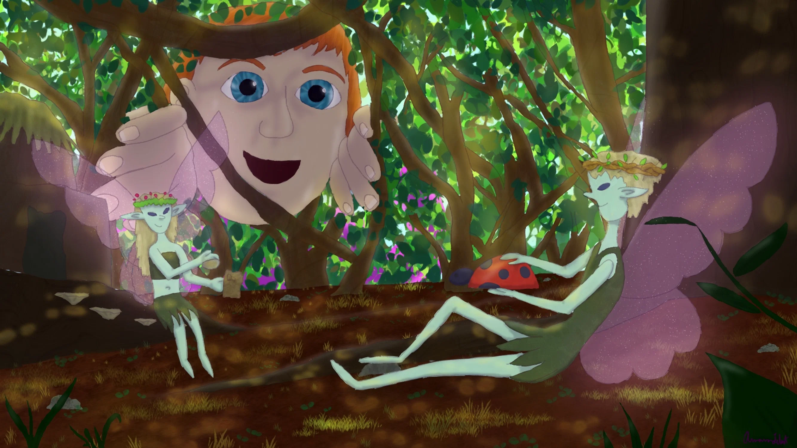 Girl discovering fairies in her backyard bush