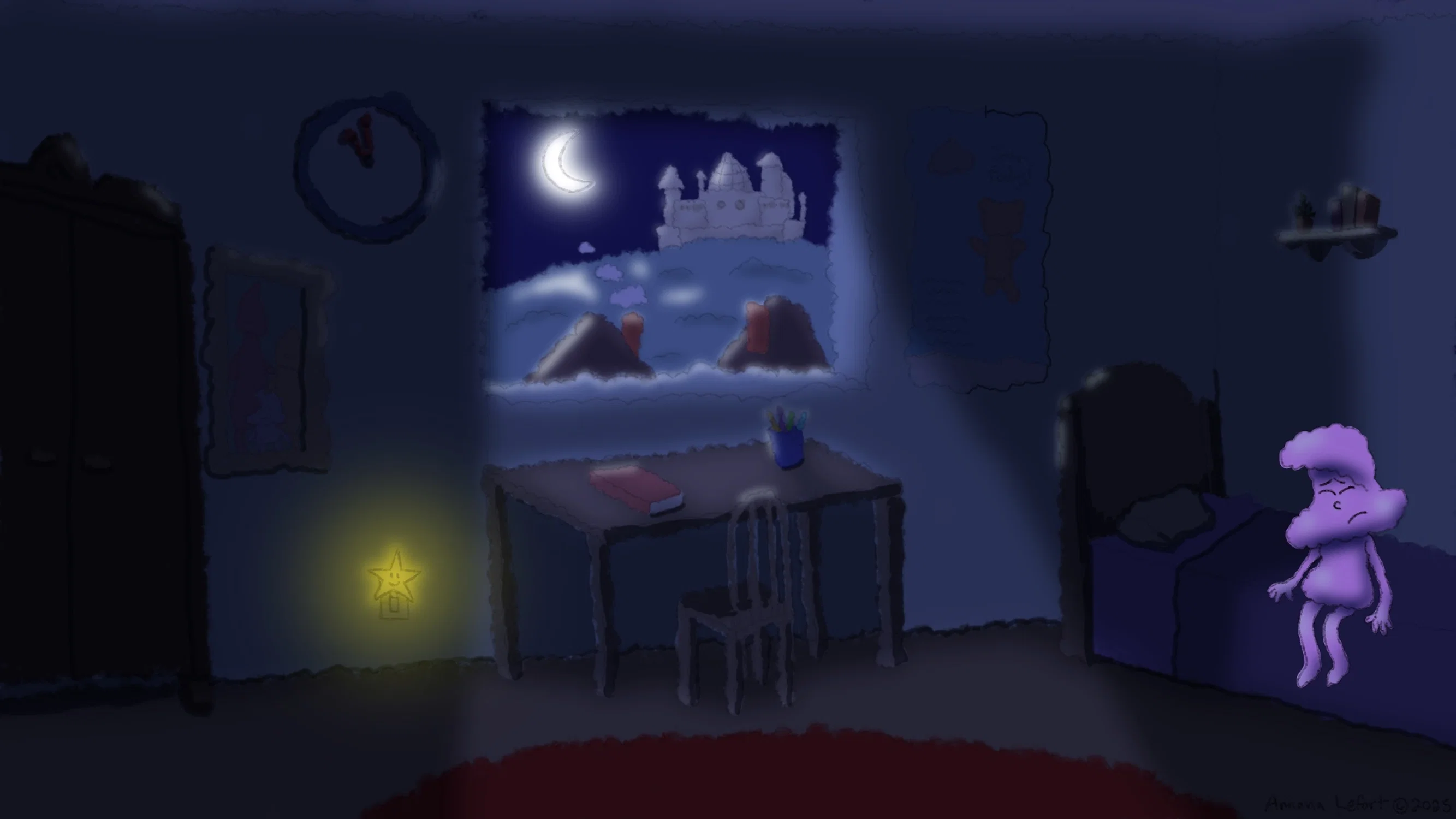 Cloud boy sitting on his bed in his room looking sad