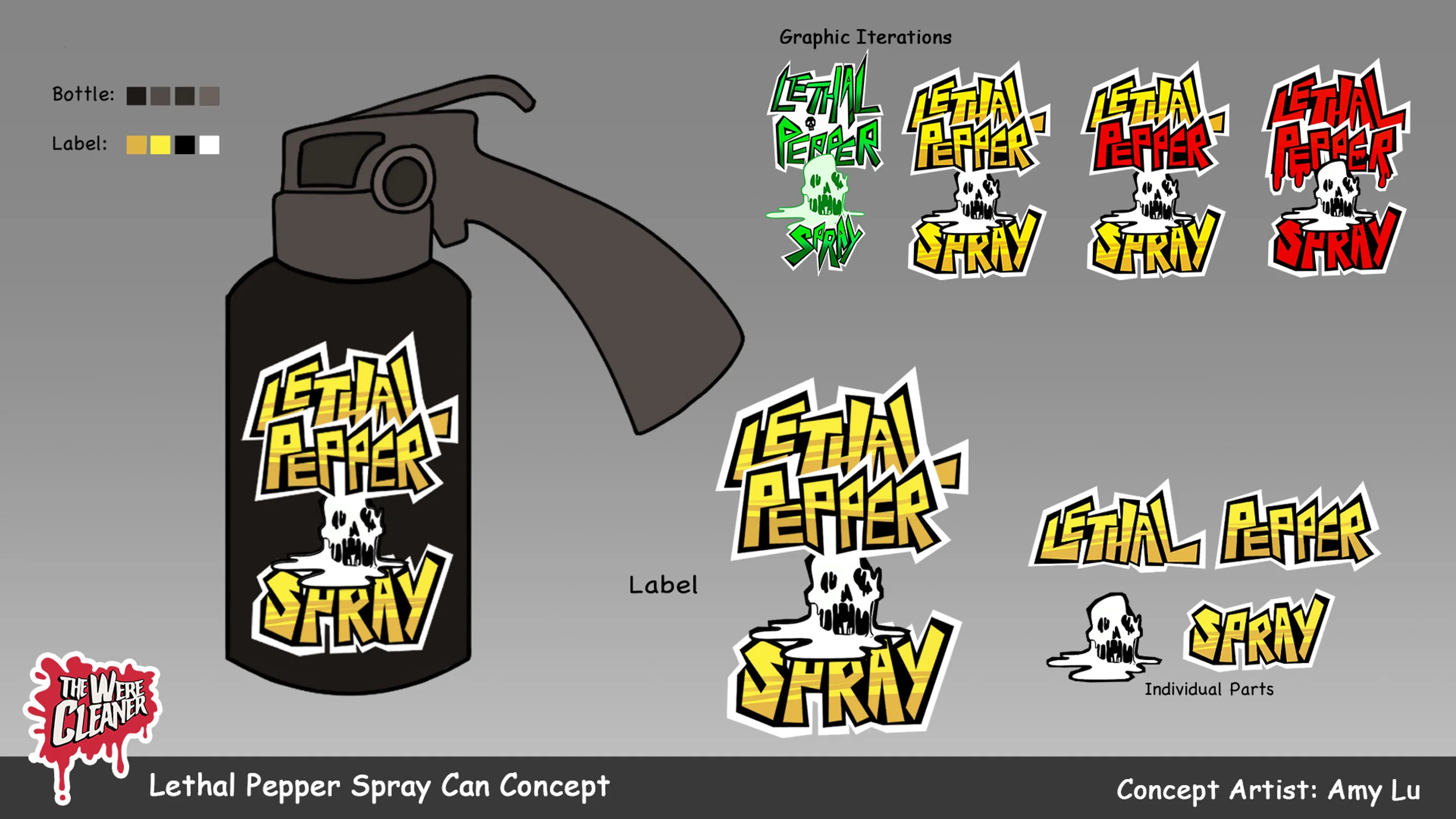 The image is a concept design for a pepper spray concept design for a game called The WereCleaner. The page focuses on the graphic label for the can: sharp, angular yellow text with a melting skull placed between "Pepper" and "Spray". Graphic iterations are placed in the top right and callouts of the chosen label design is on the bottom right.