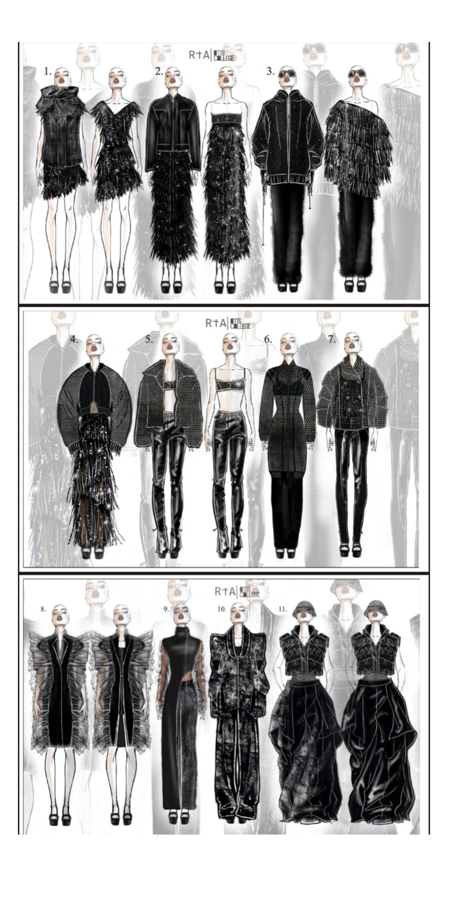 Lineup of work for senior mentor work with RtA. The direction was an exploration of an all black color palette and texture. 12 looks designed with flats and sewn in one semester.