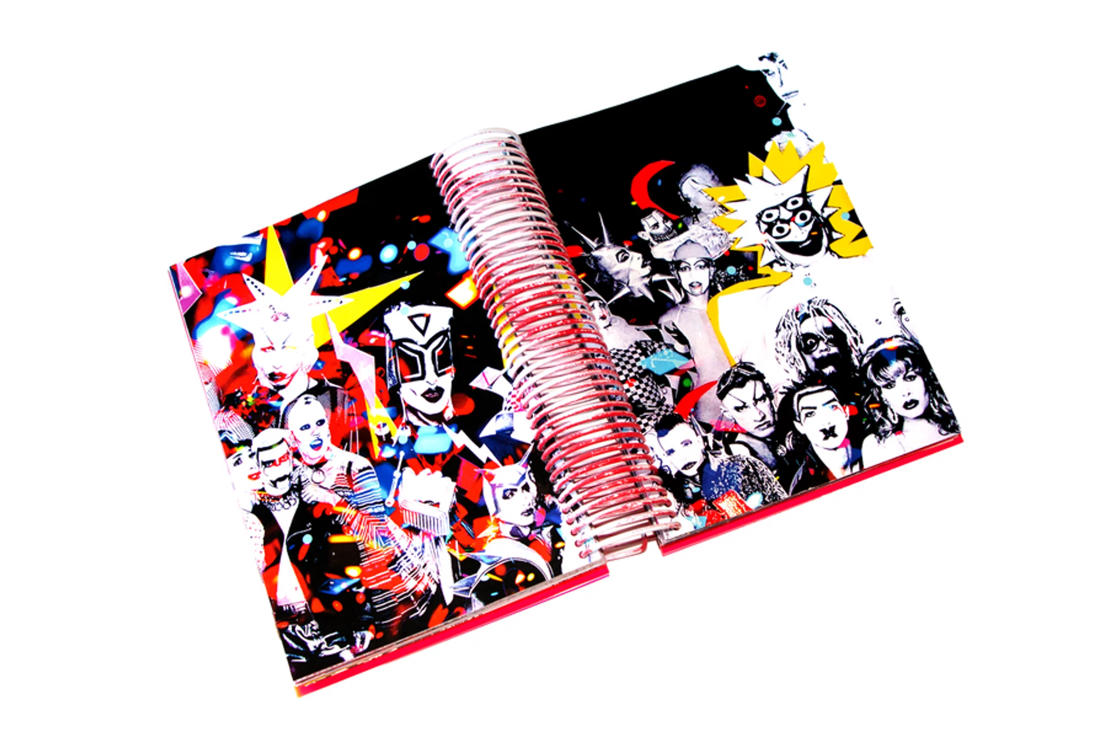 Open spiral bound book displaying a collage.
