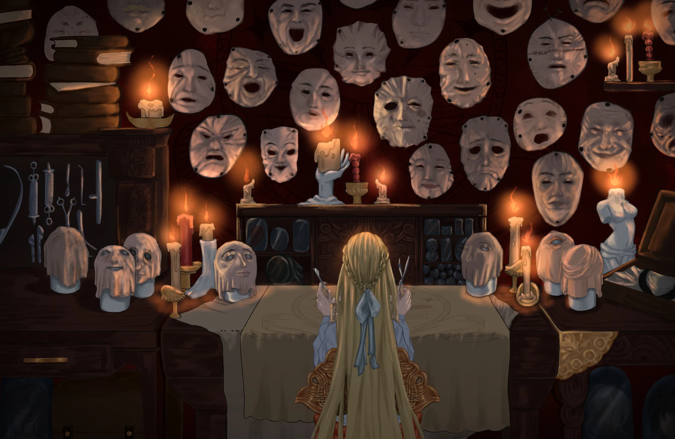 A girl standing in front of her work desk, and a wall full of different faces.