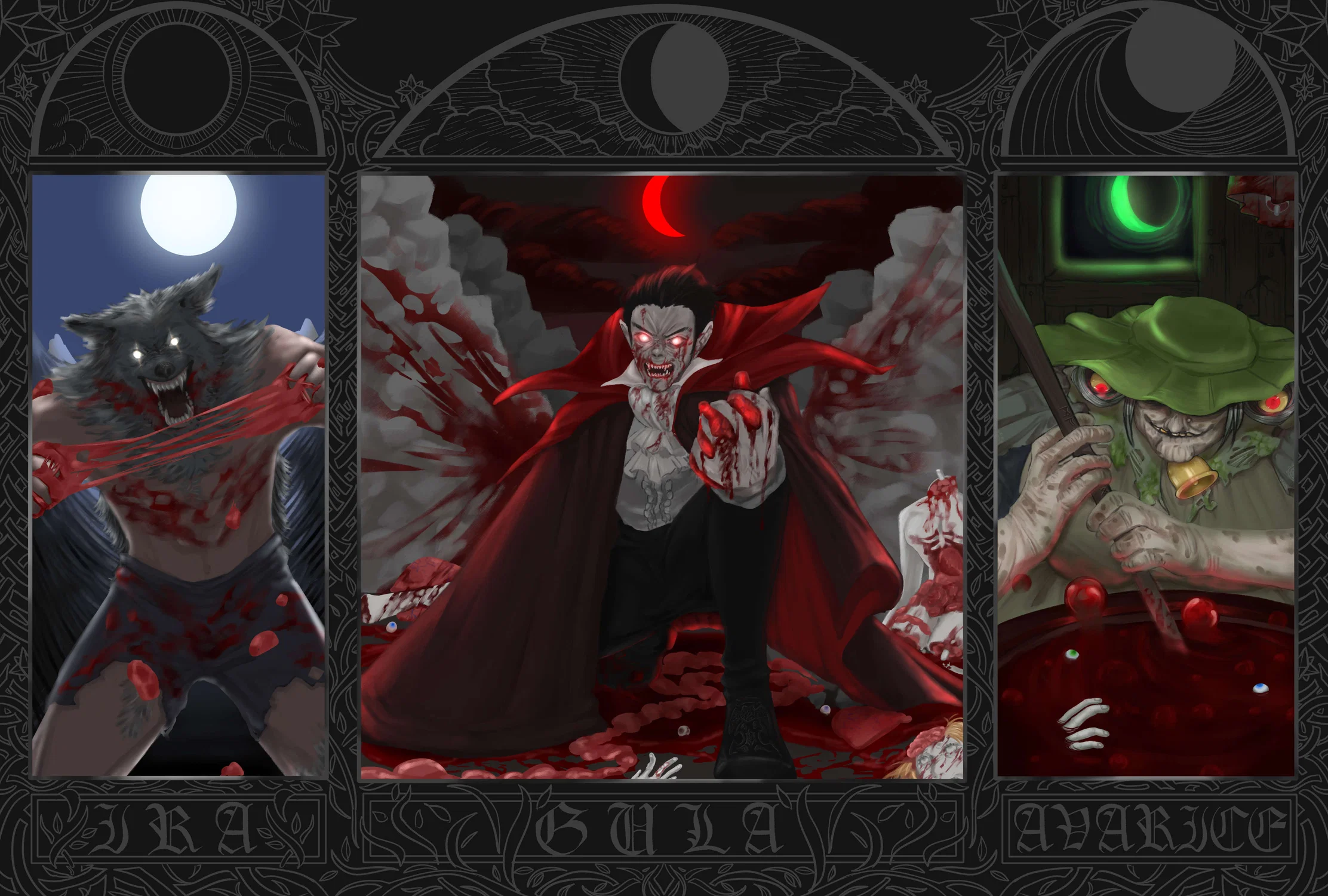 Alternative take on the classic monsters- the wolf, the vampire, and the witch