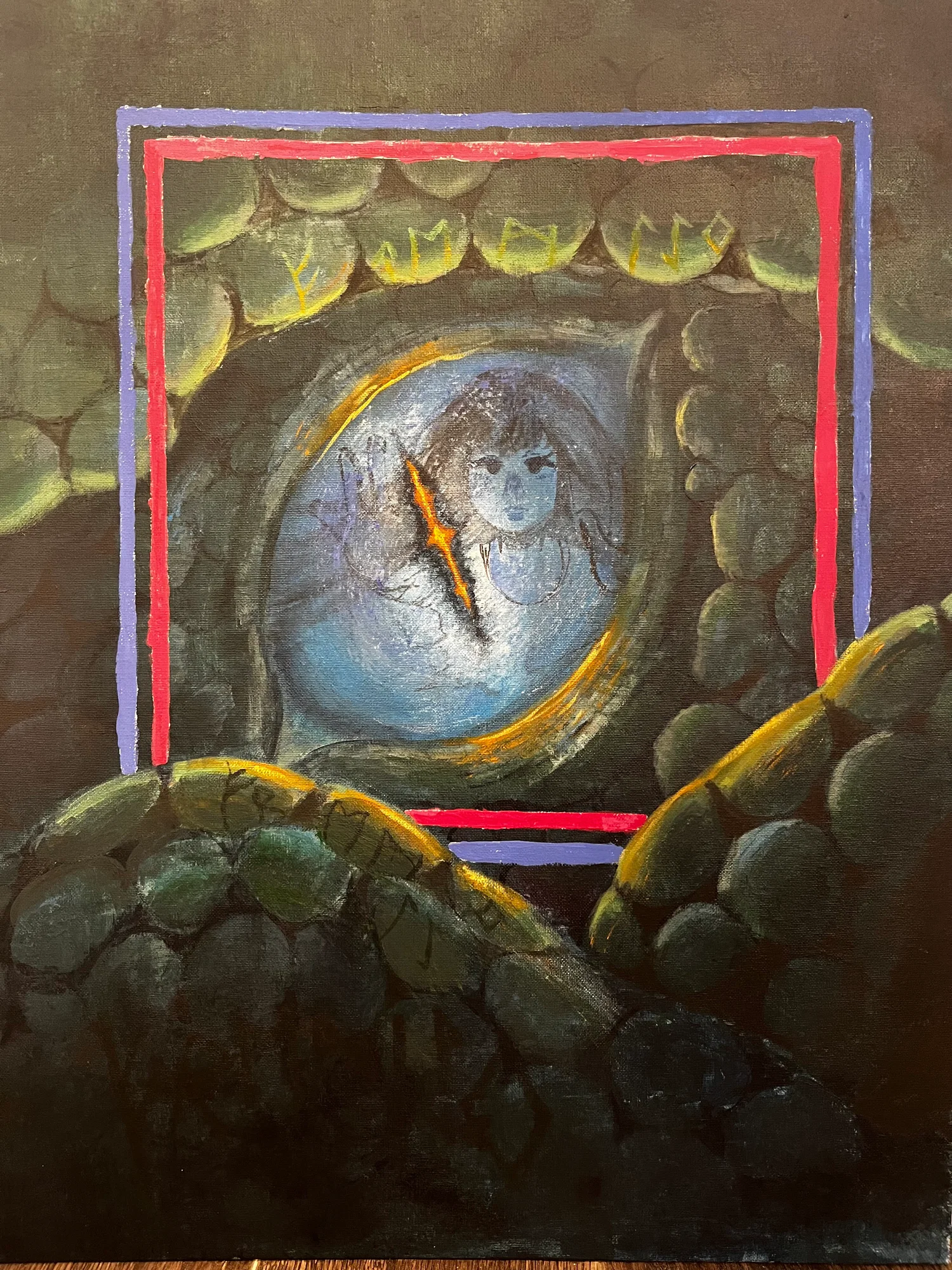 Acrylic painting of the world snake spiraling to the center, with a girl's reflection