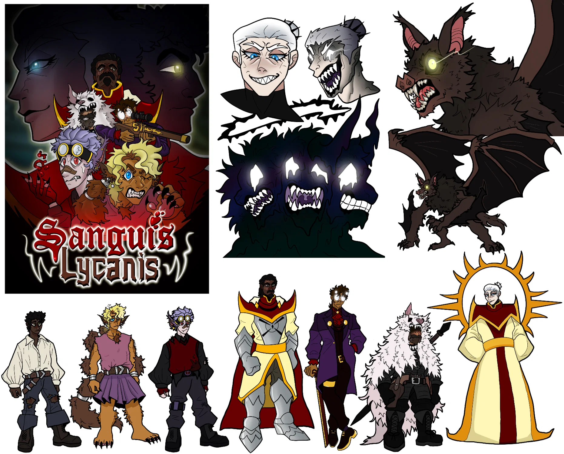 An image of many character designs from left to right, also featuring a poster of all the designs together and some of the designs expanded out into expressions.