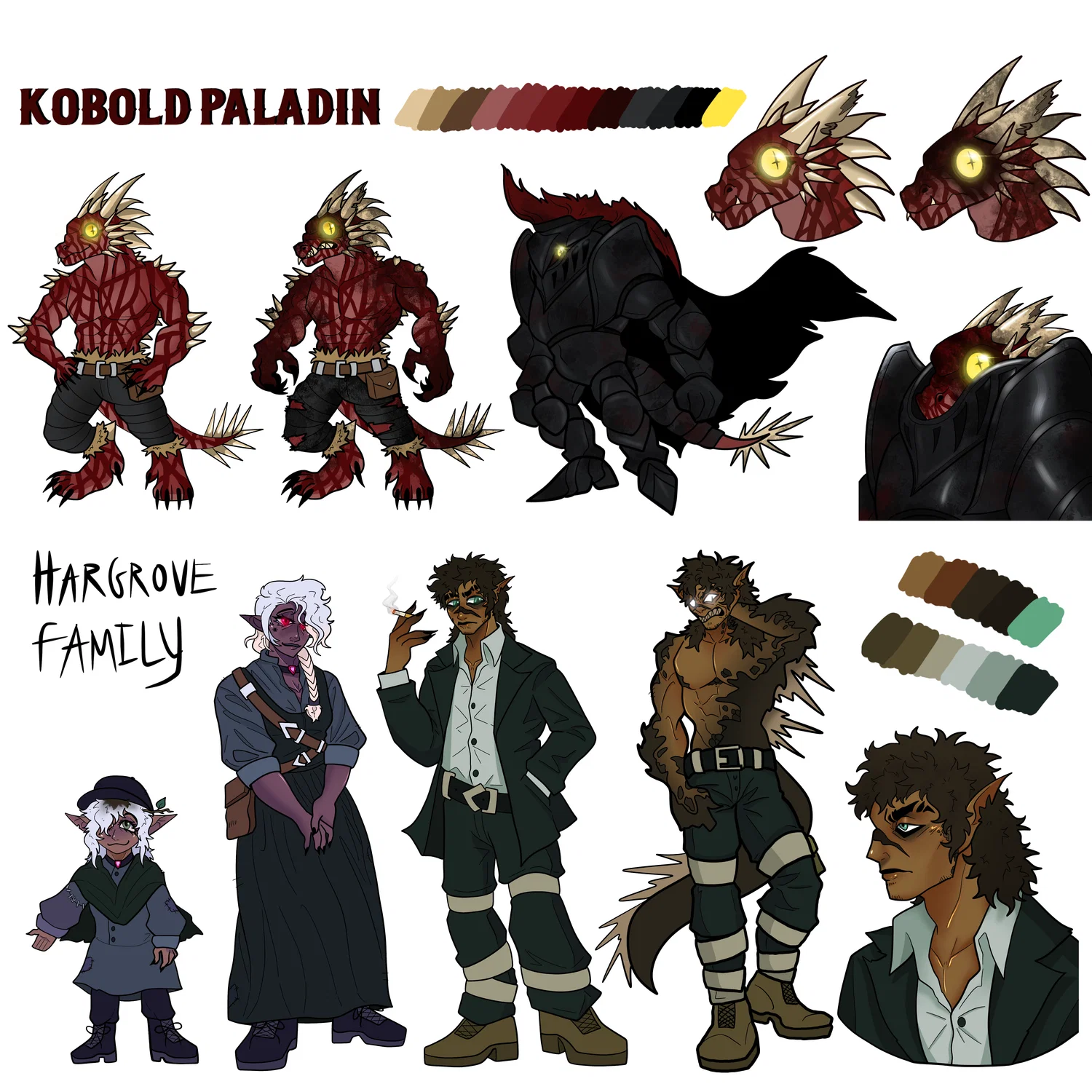 Two character designs, one above being that of a red kobold paladin and the characters below being a family of elves.