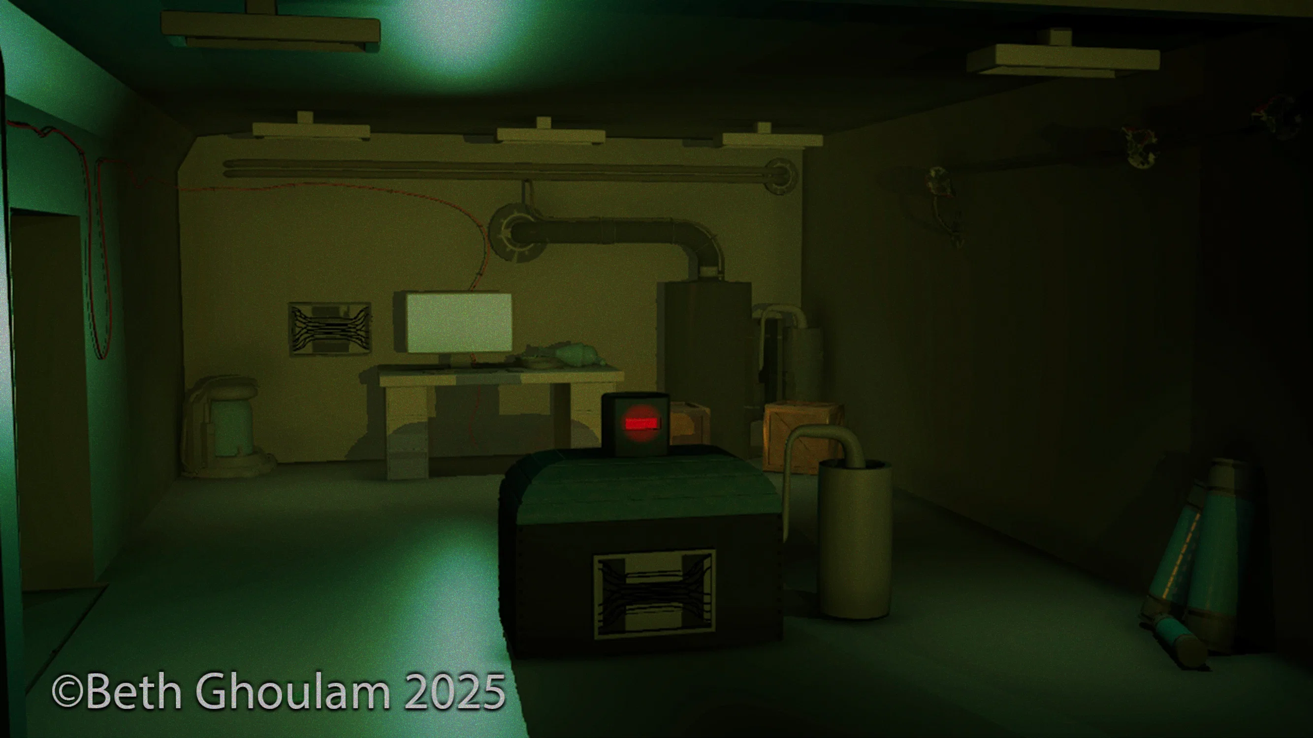 An image of a decrepit science lab tinted green