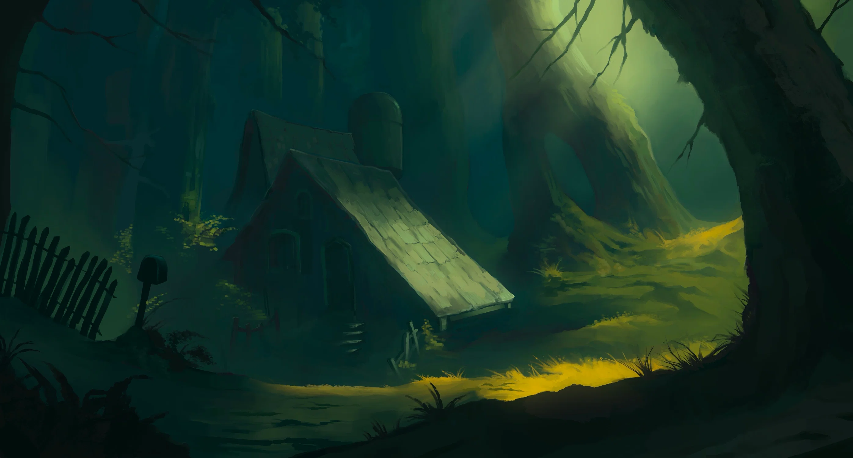 A small, old house sits in a dark forest, partly lit by a soft green light shining through the trees. The scene feels quiet and mysterious, with a tilted mailbox and broken fence adding to its eerie charm.