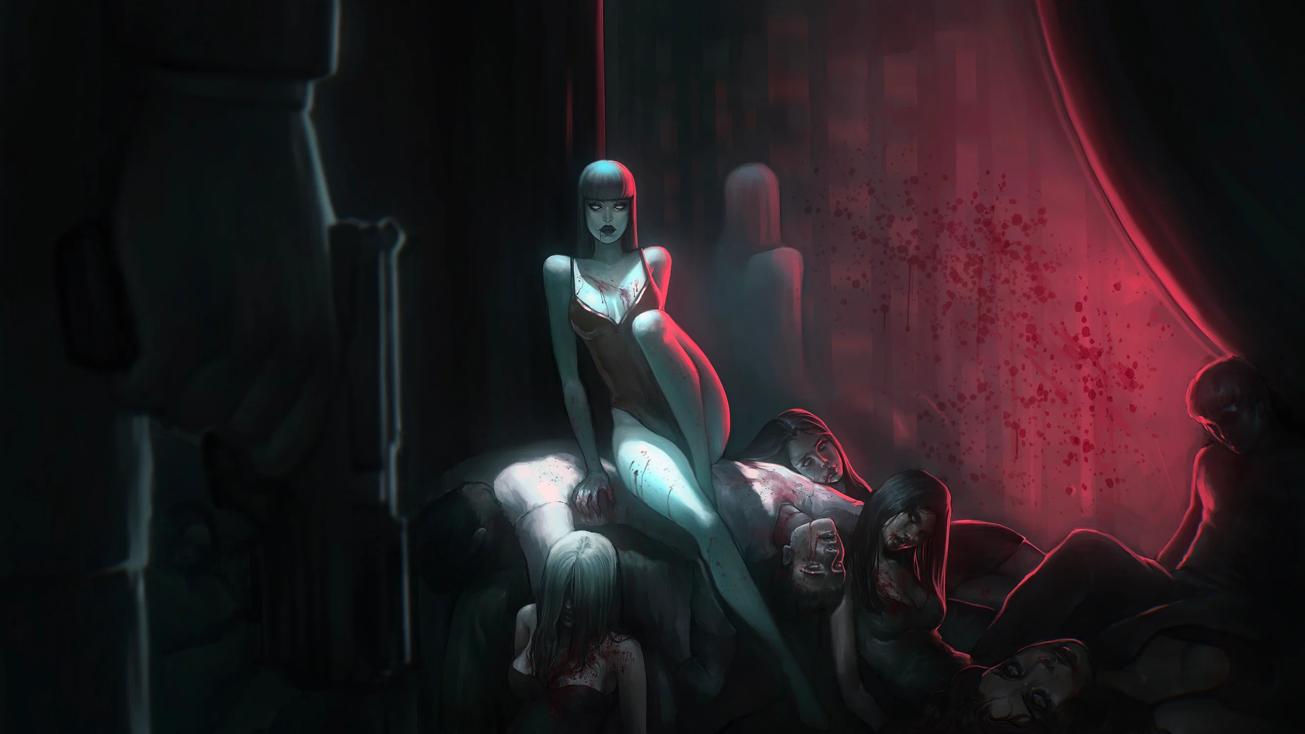 A pale woman in a red dress sits confidently atop a pile of bloodied bodies in a dark, shadowy room. Red light glows ominously from the right, casting harsh contrasts and blood spatters on the wall. In the foreground, a figure holding a gun watches from the shadows, adding a sense of danger and tension. The mood is eerie, violent, and cinematic.