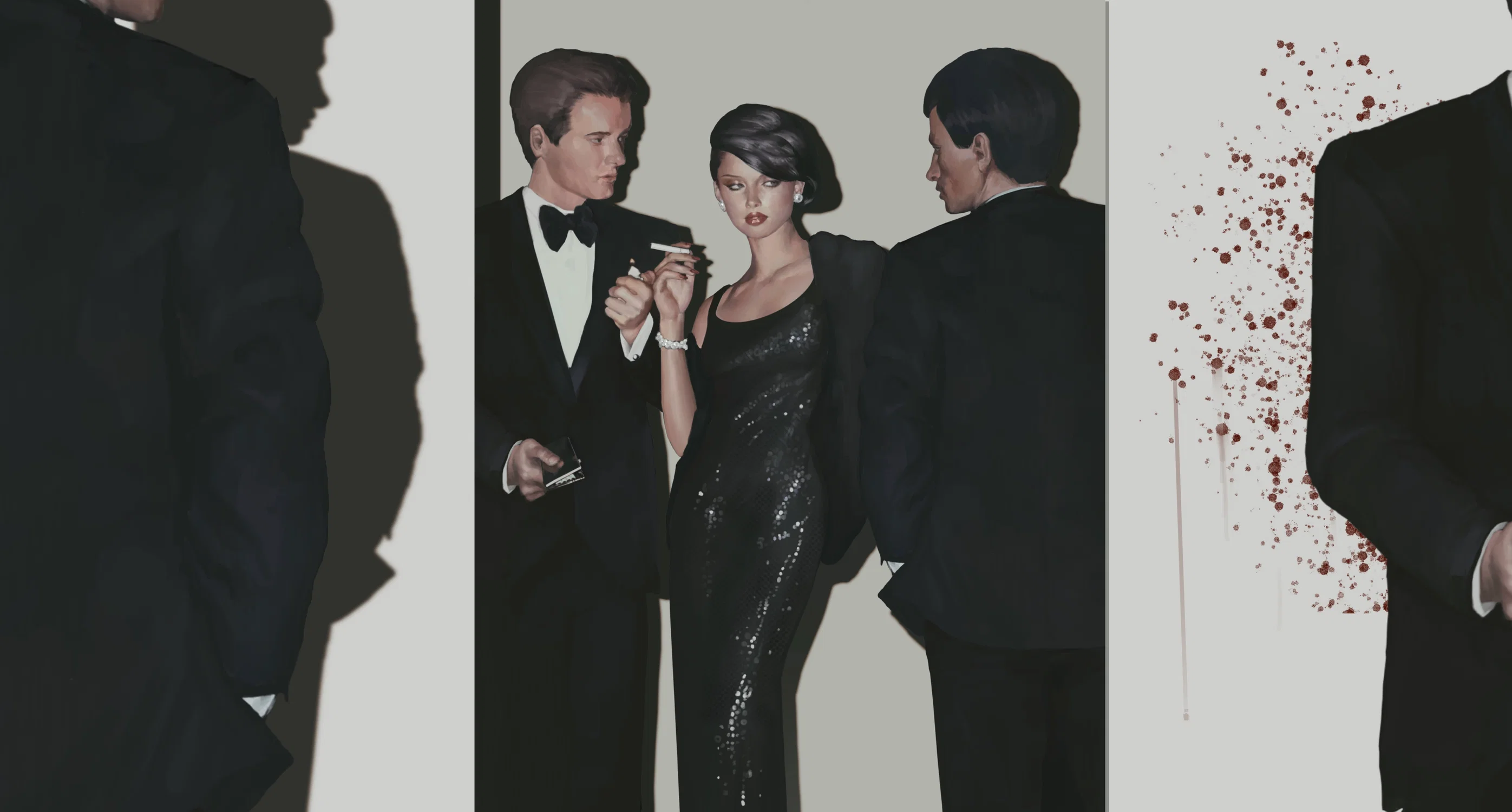 Three well-dressed figures in formal evening wear—two men in tuxedos and a woman in a shimmering black dress—stand close together in a sleek, minimal setting. The woman holds a cigarette and looks confidently to the side. Blood spatters on the right side of the image hint at hidden violence beneath the polished surface. The mood is stylish, tense, and cinematic.