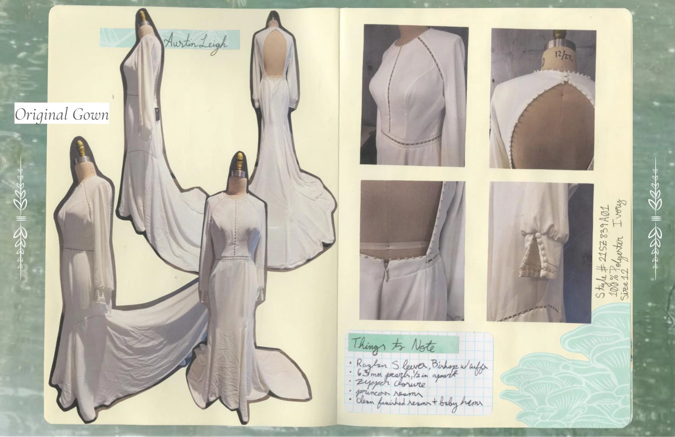 sketchbook notes of original gown