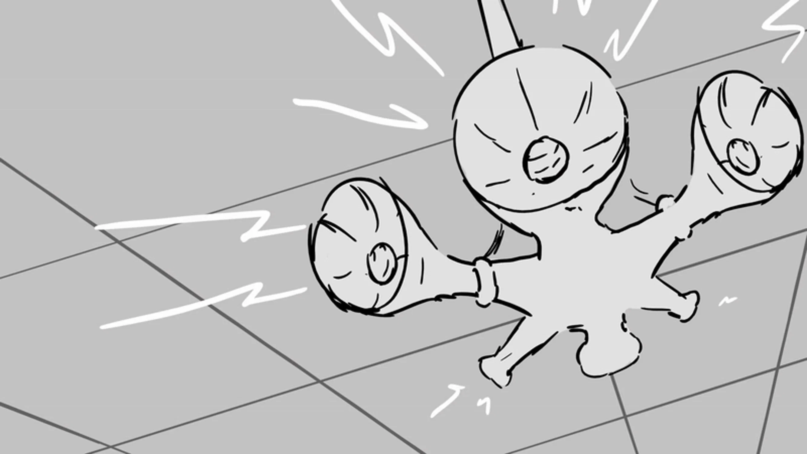 A dynamic fight scene between two people, one using a hammer, and one using a knife attached to a rope.