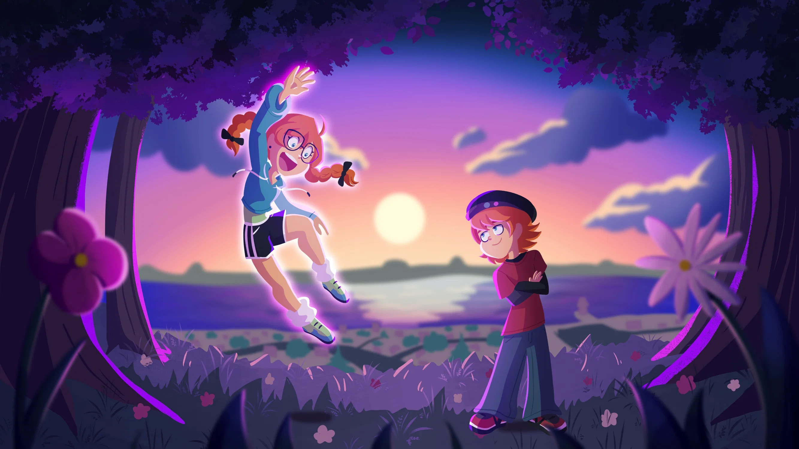 Two siblings on a hill overlooking a beachside town. Josie is in the air using her powers of telekinesis while Jasper stands by her, smiling up at her.
