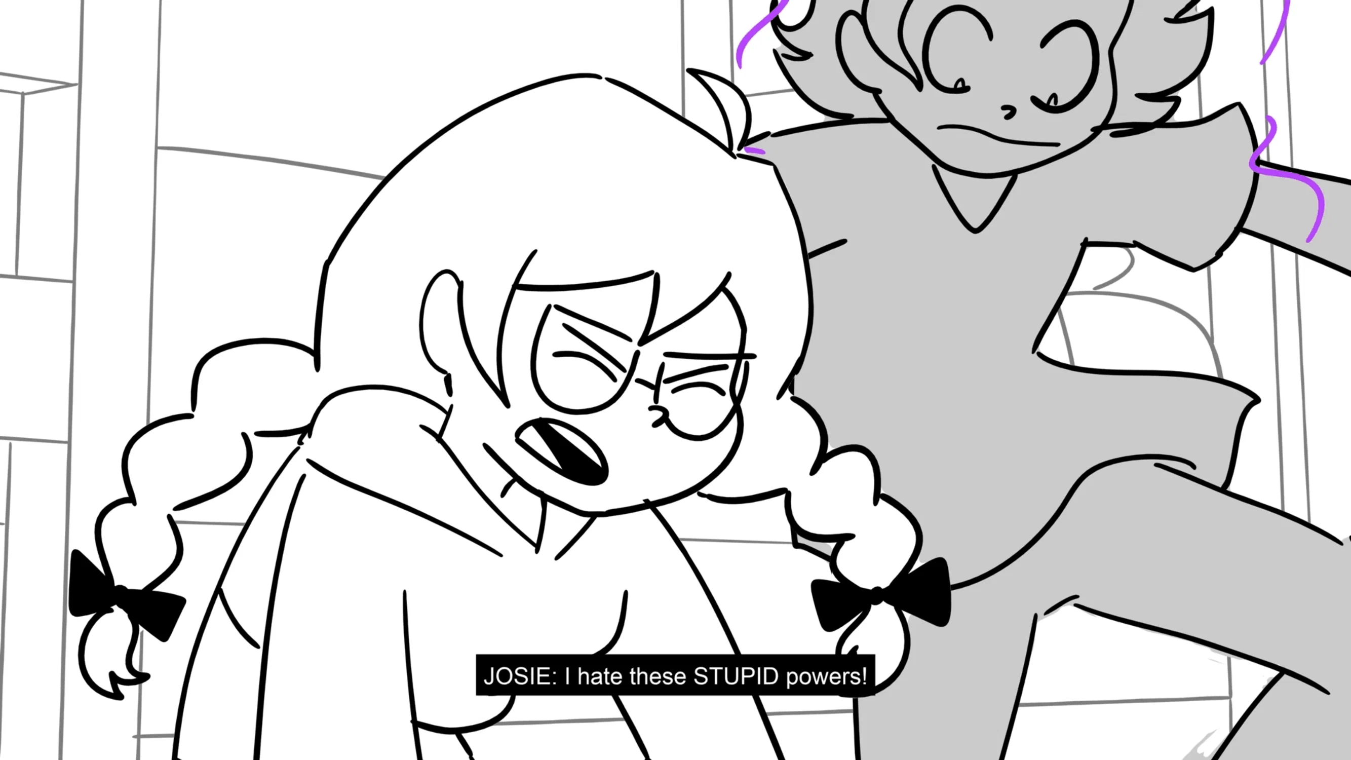 A GIF of an animatic about two siblings. The sister has powers of telekinesis and accidentally launches her brother into the air. When she realizes this, she drops him to the ground.