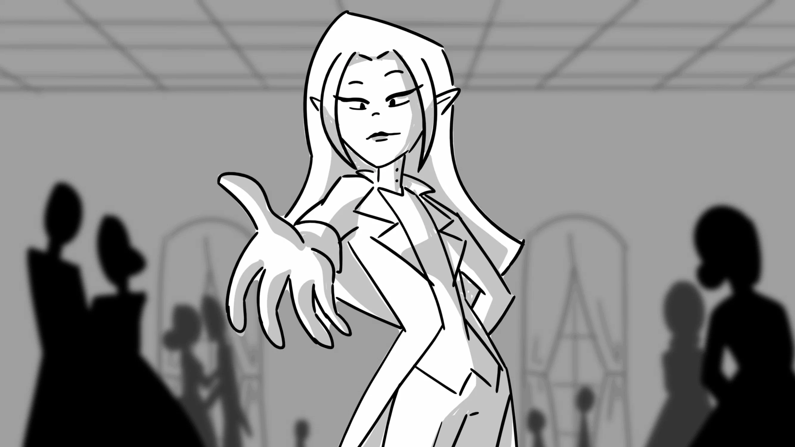 A GIF of an animatic. Two vampires are at a ball, and one offers to dance.