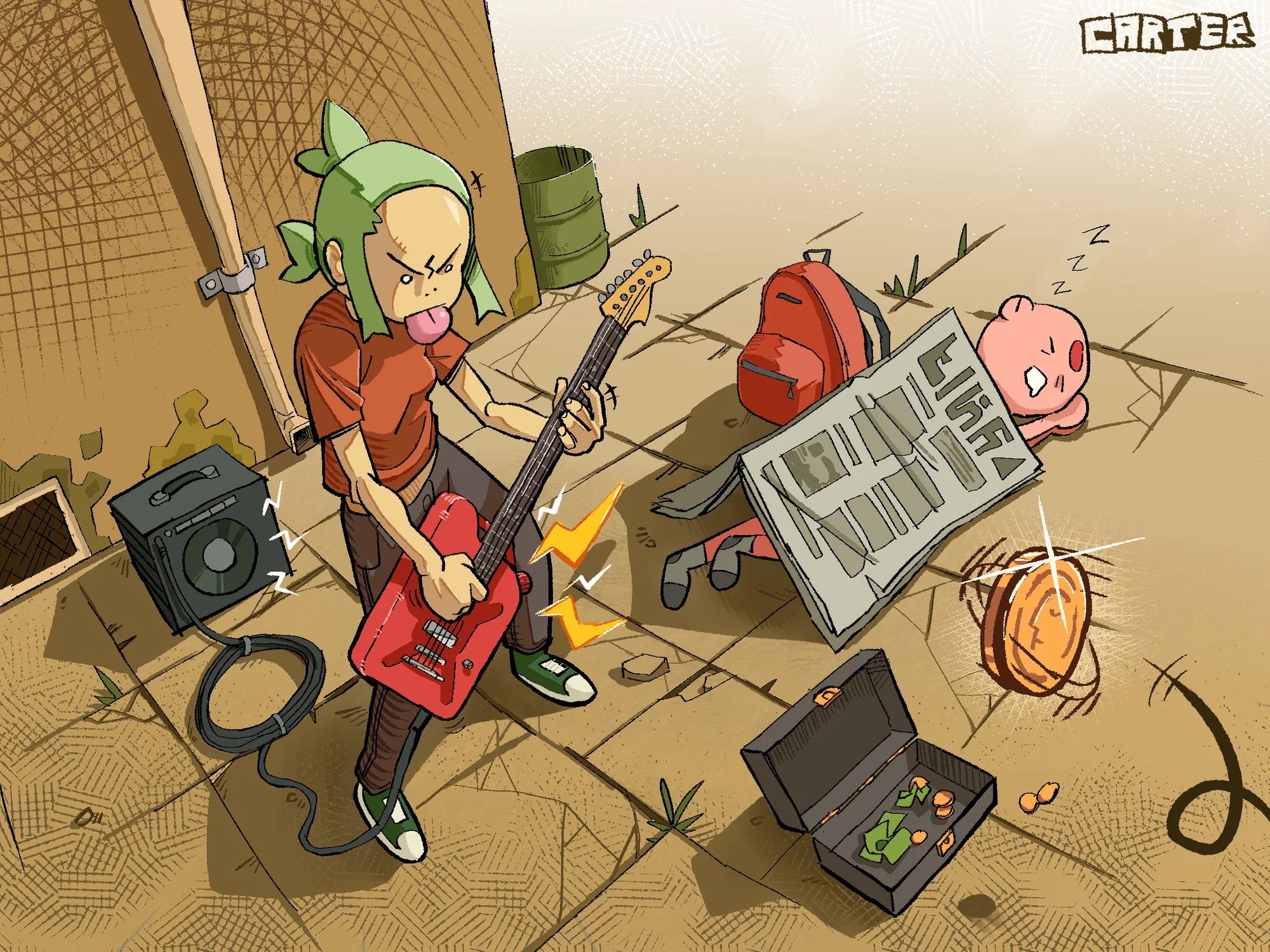 Guppy and her brother performing rock music on the streets for some cash!