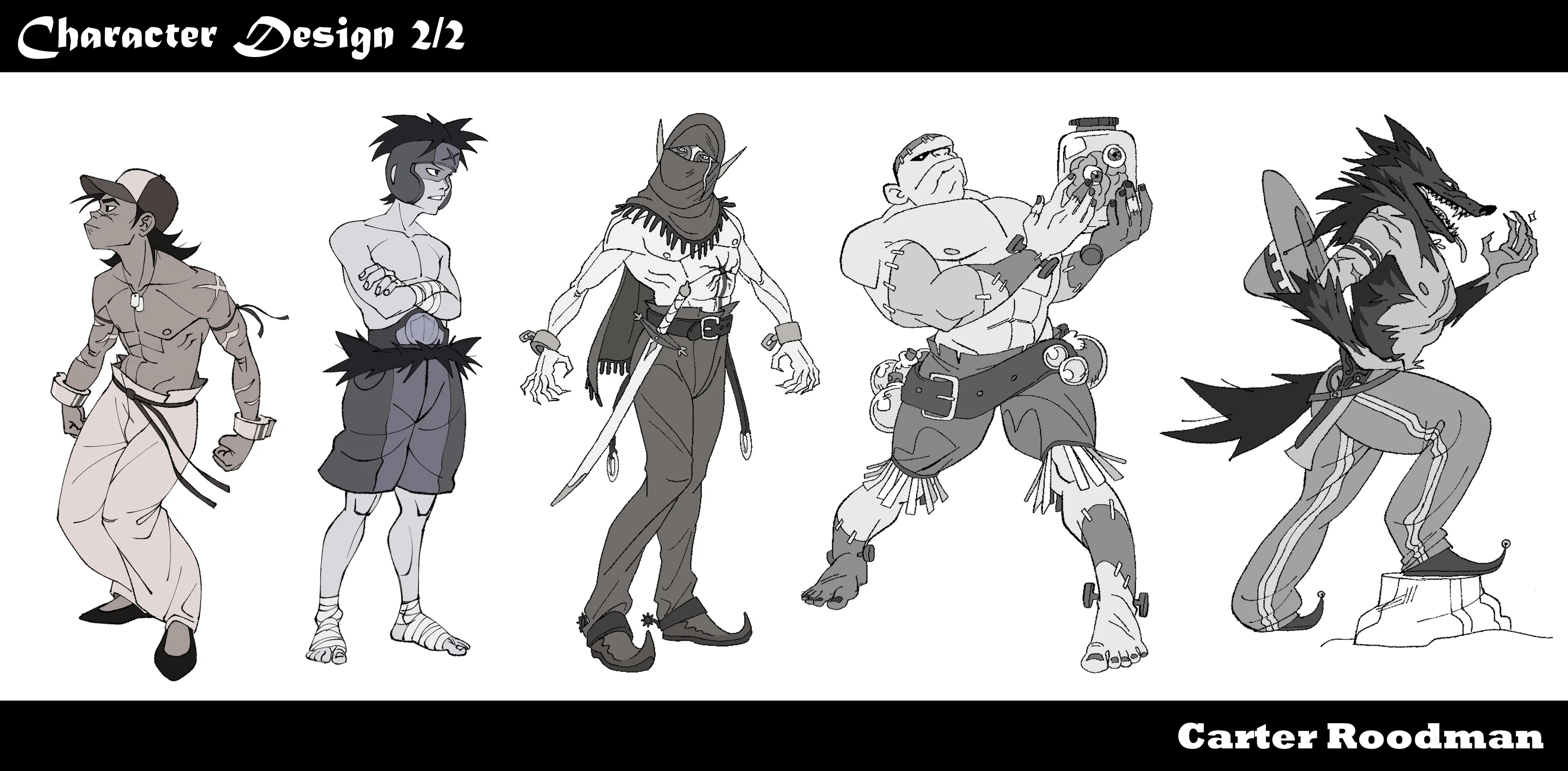 Grayscale line up of Ike and Charlie, as well as villains they fight on their journey. A vampire, Frankenstein's Monster, and a werewolf.