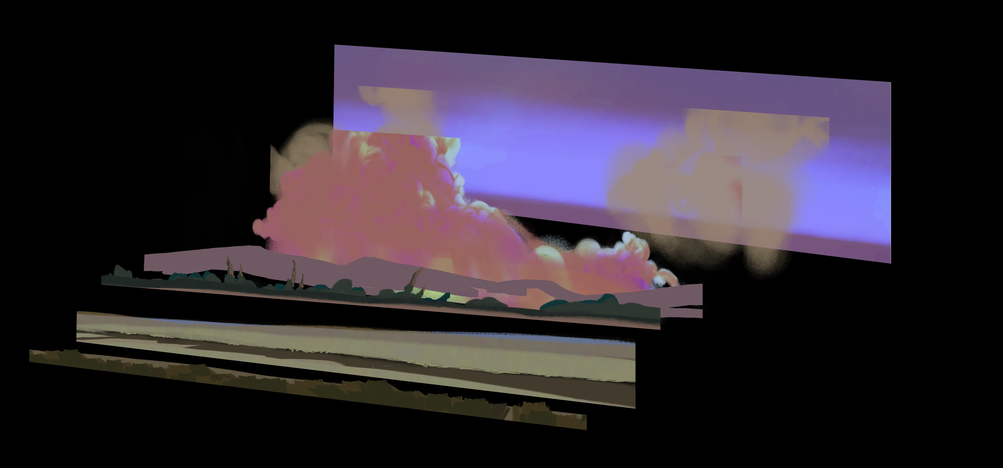 foreground, middleground and background elements of a landscape are separated on a black background to show off the individual layers