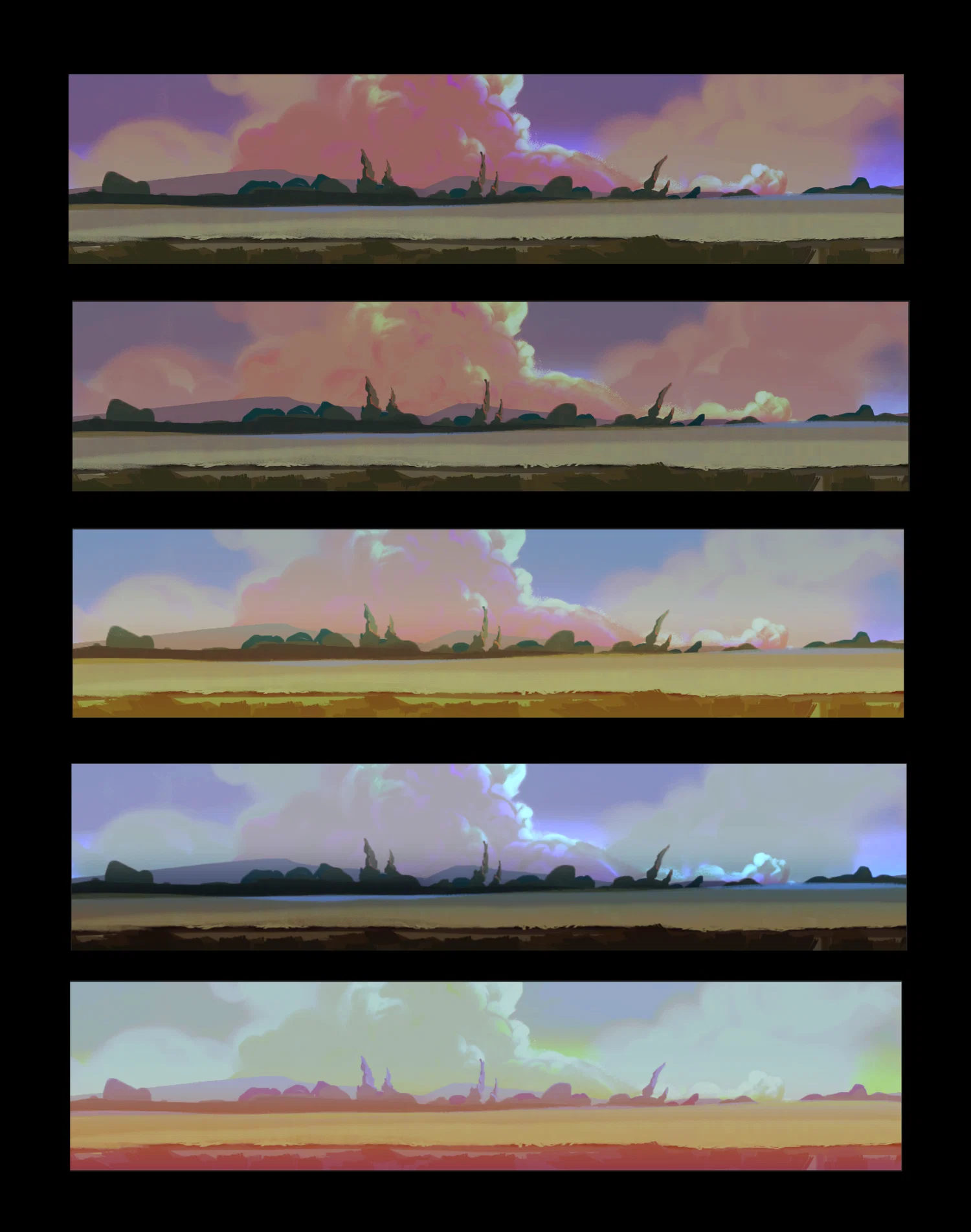 5 landscape color iterations on a black background.