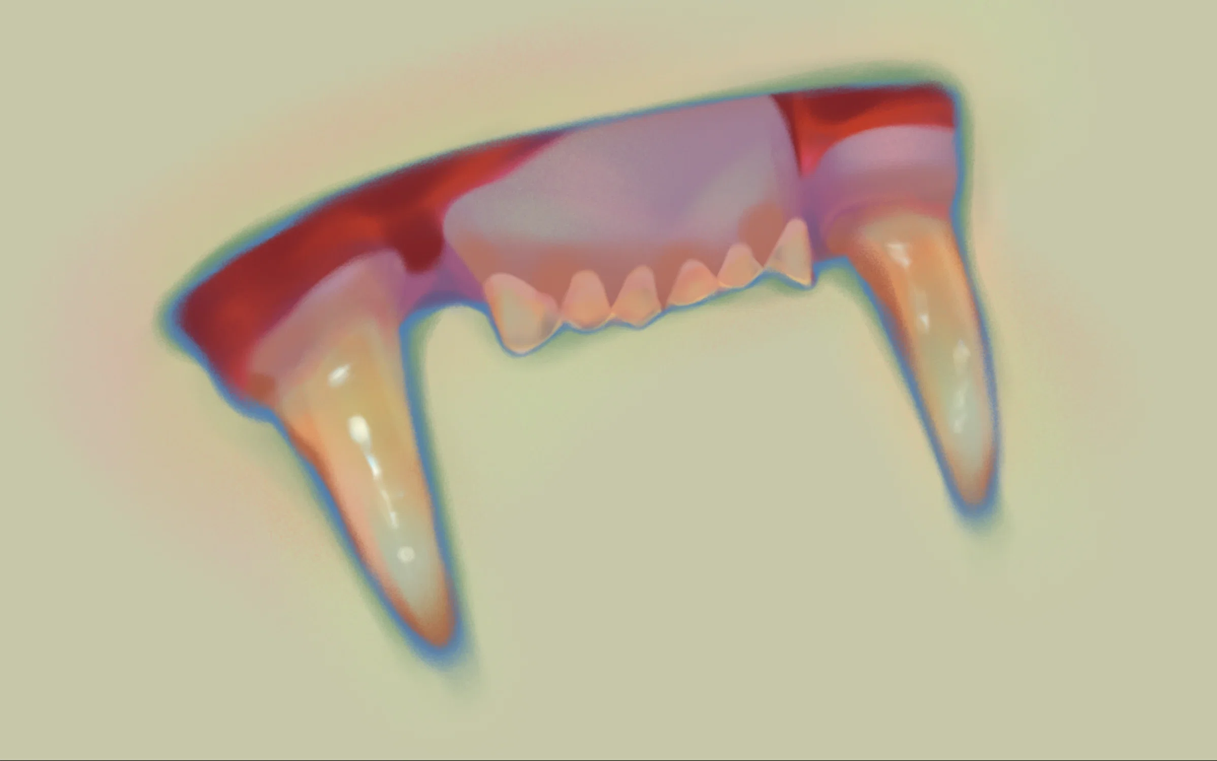 Paining of a cat's upper jaw including canine and front teeth on a beige background
