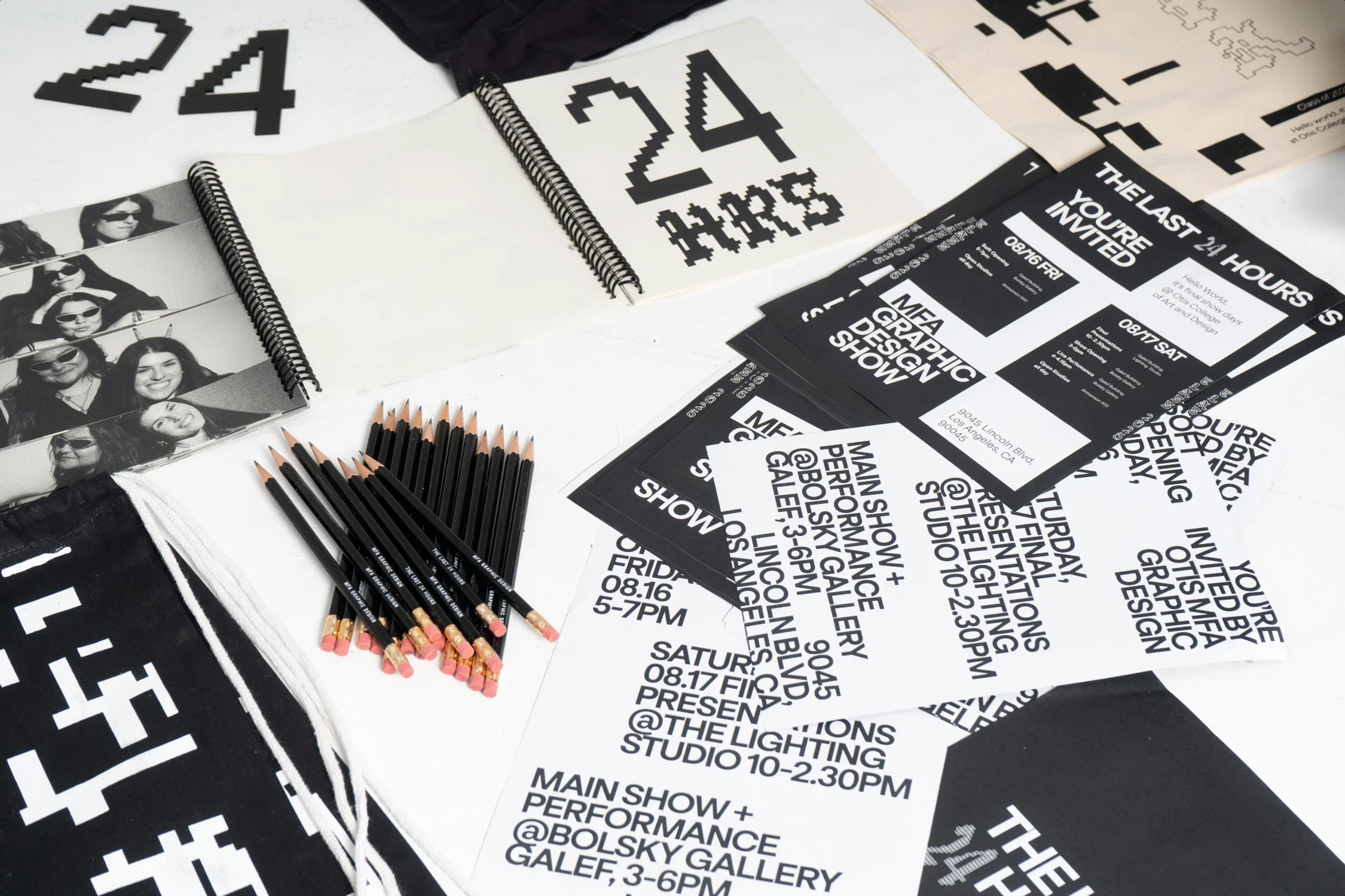 A group image of various deliverables for 'The Last 24 Hours' - an exhibition by the MFA Graphic Design class of 2025
