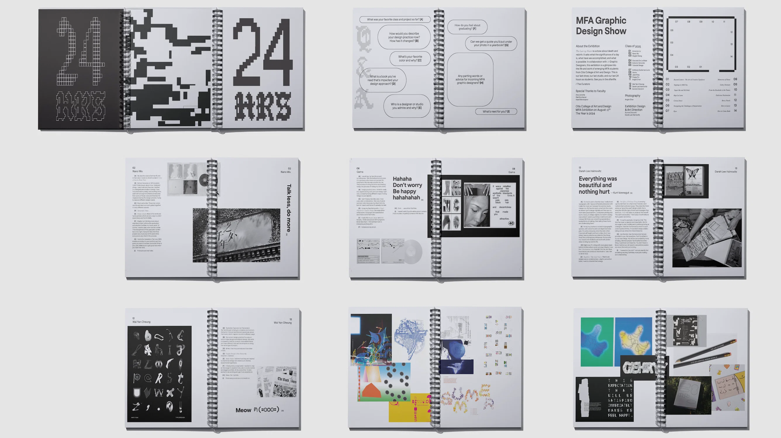 Overview of spreads from a spiral bound booklet, mostly black and white