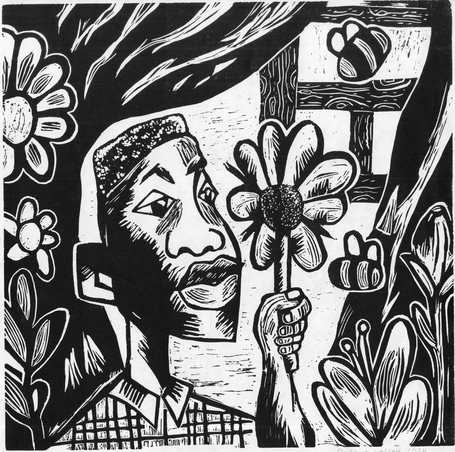 Relief print of a joyful black boy holding a sunflower by a window.